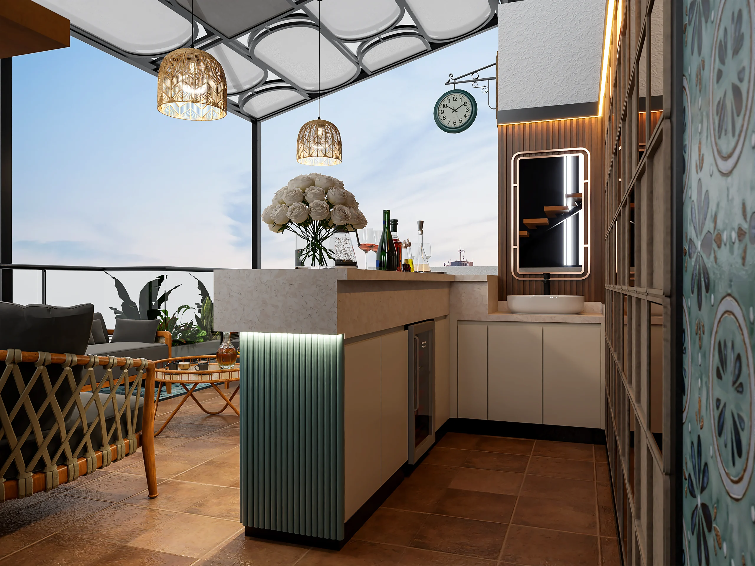 Modern terrace bar and lounge area designed with commercial interior design services in Davanagere by WeDezine Studio
