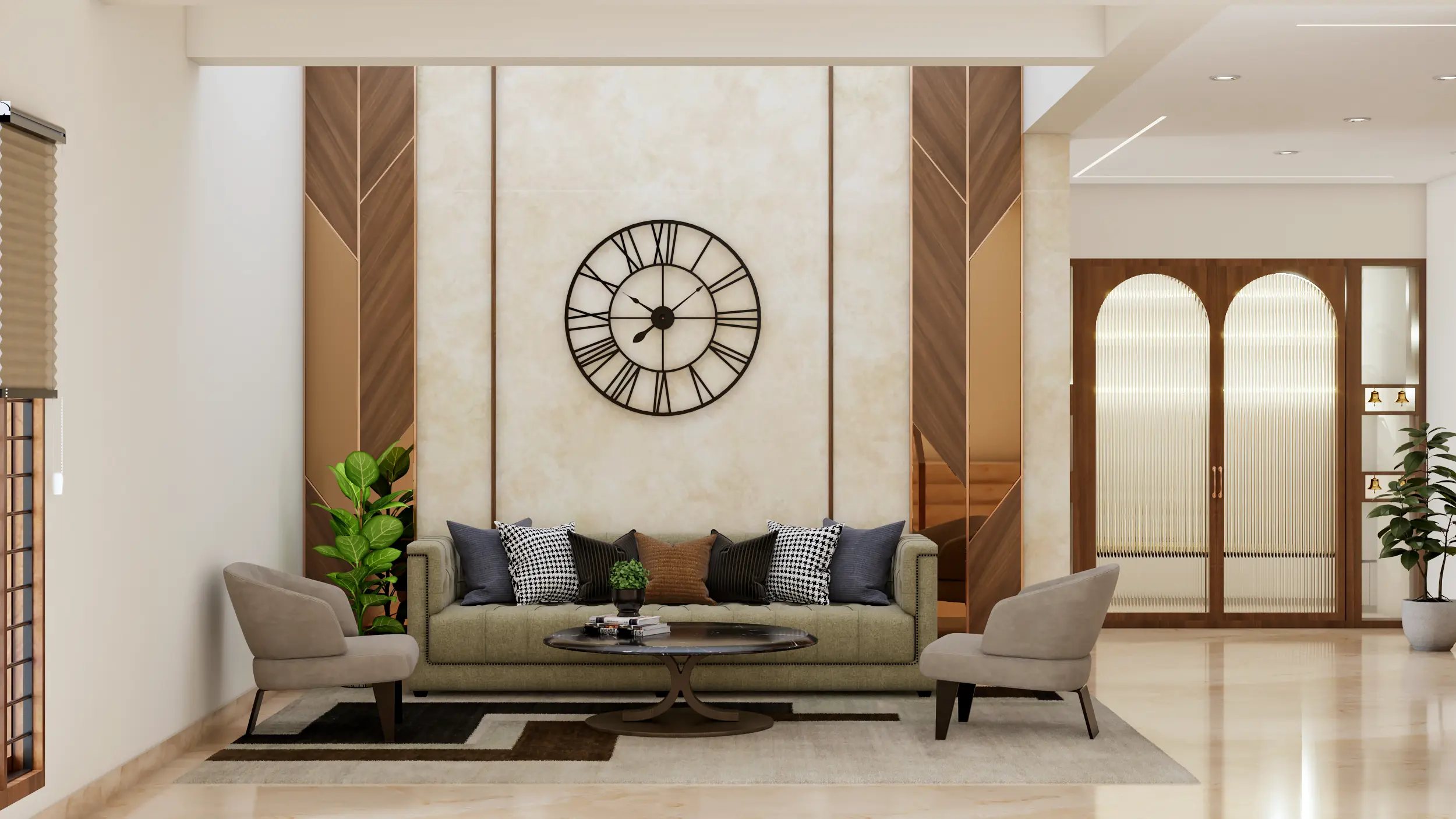 "Modern living room with wall clock, beige sofa, and indoor plants."