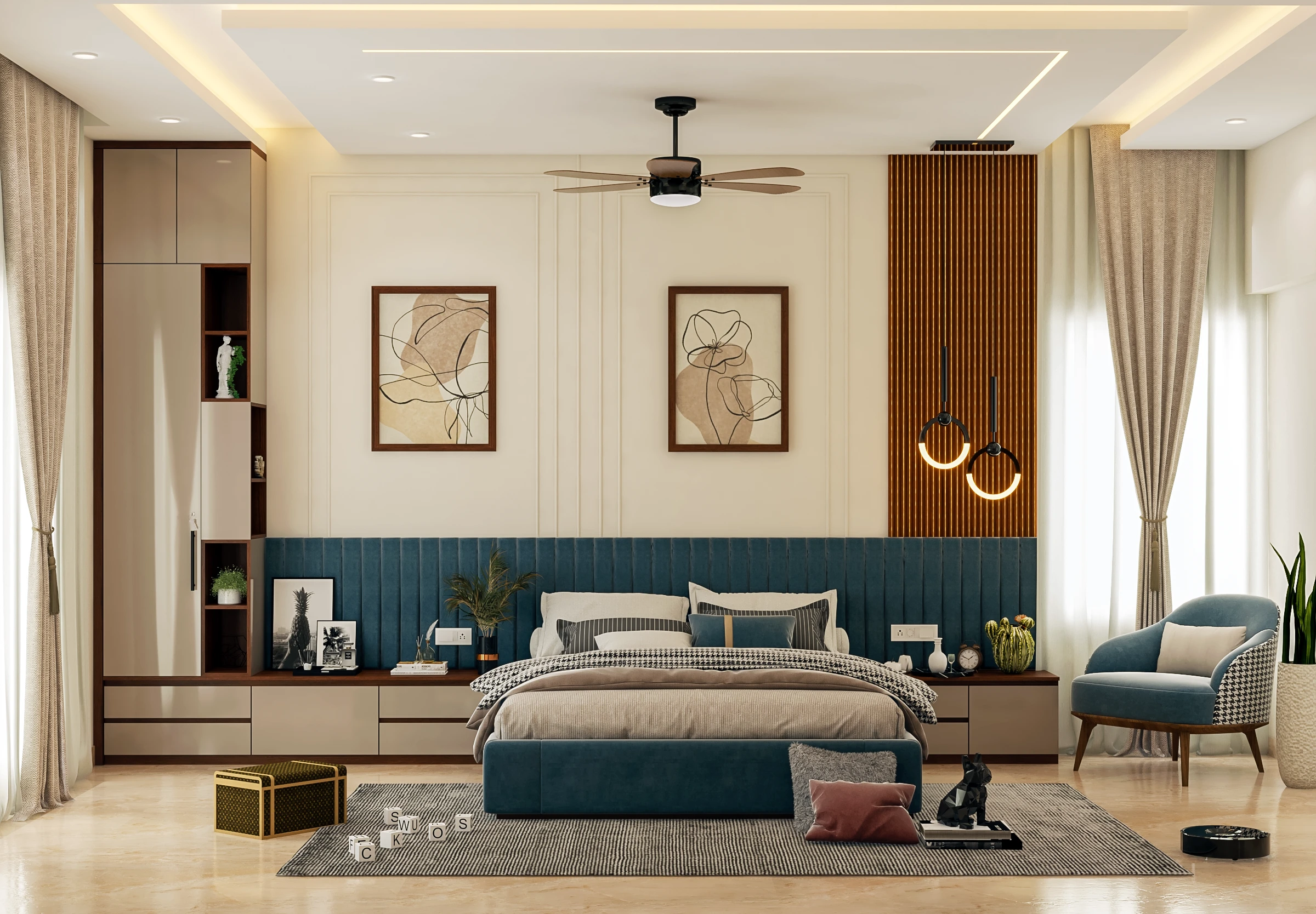 Modern bedroom interior with elegant decor by commercial interior design in Davanagere.