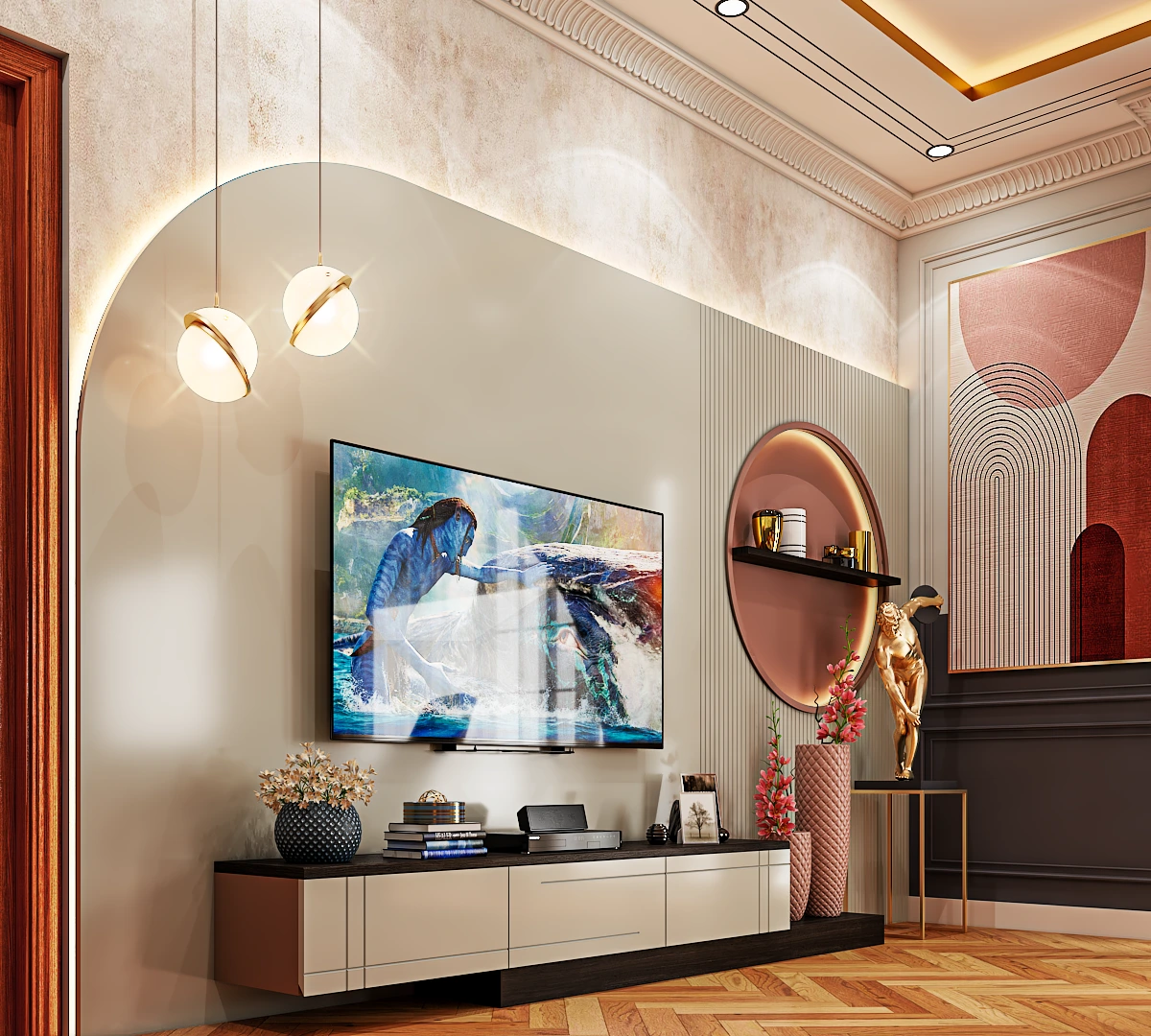 Living room interior design with stylish furniture by WeDezine Studio in Shivamoga.