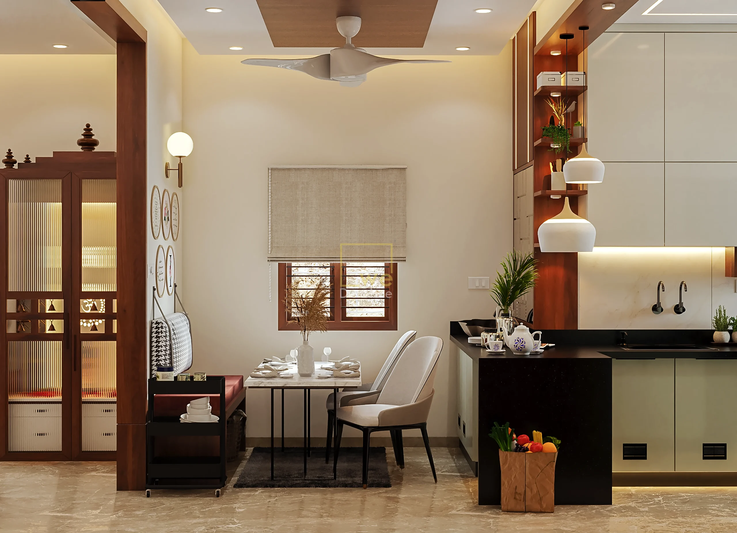 Interior Designers Shimoga designing an open-plan kitchen and dining space.
