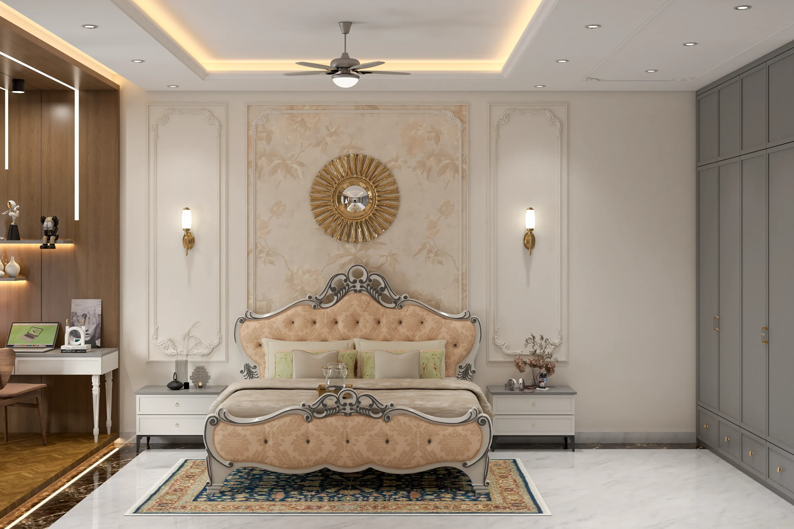 Luxury bedroom interior with tufted bed and warm lighting in House Design Shivamoga by WeDezine Studio.
