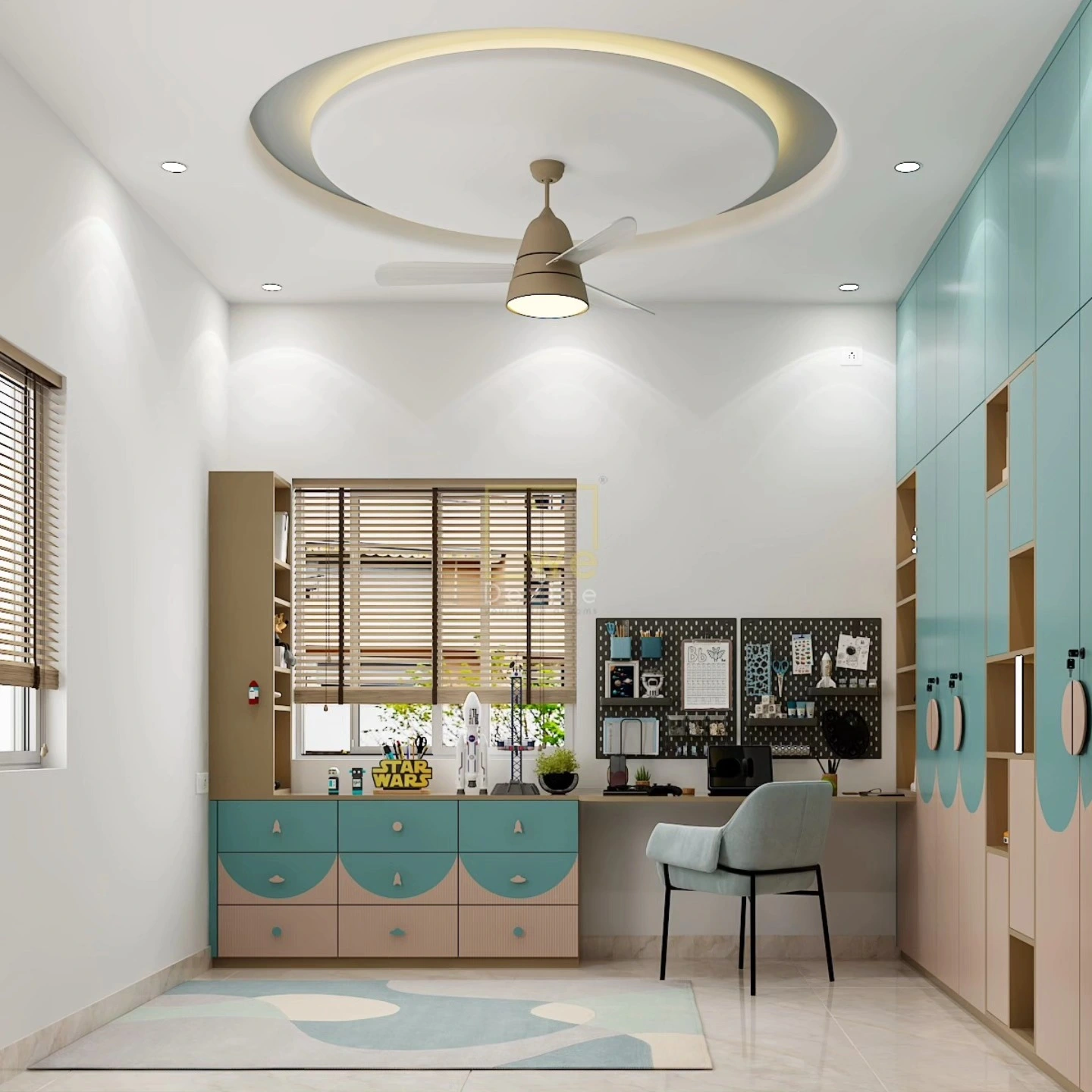 Modern pastel kids bedroom with study desk and custom storage by Home Design Shivamoga