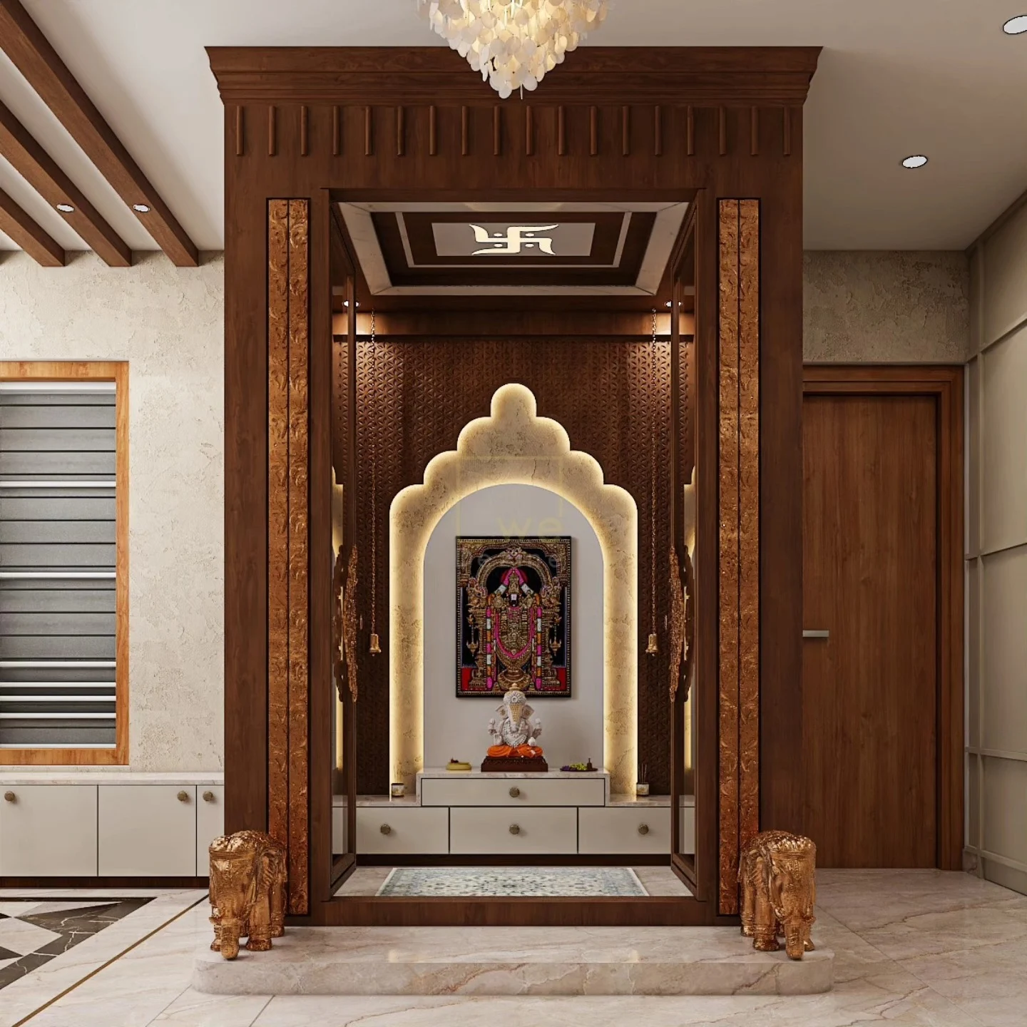 Luxury mandir interior designed by luxury interior designers in Shivamogga