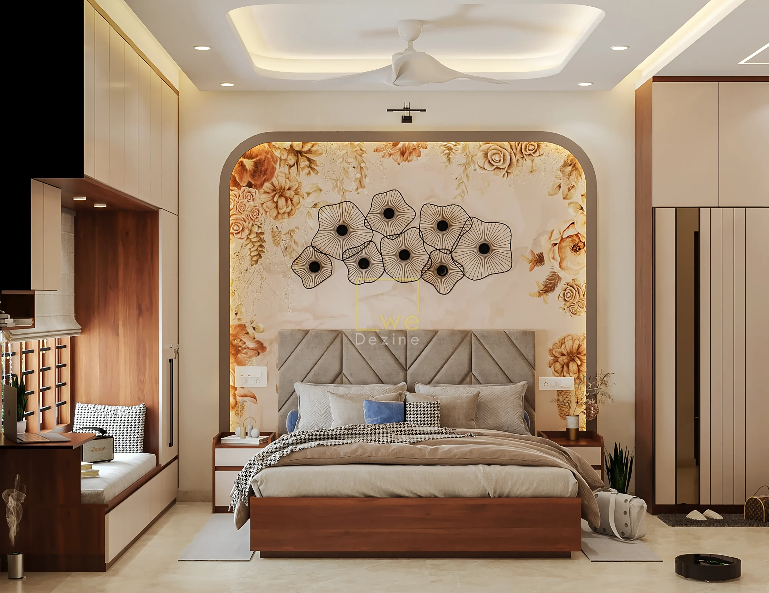 Luxury master bedroom with floral accent wall by interior designers company in Bangalore
