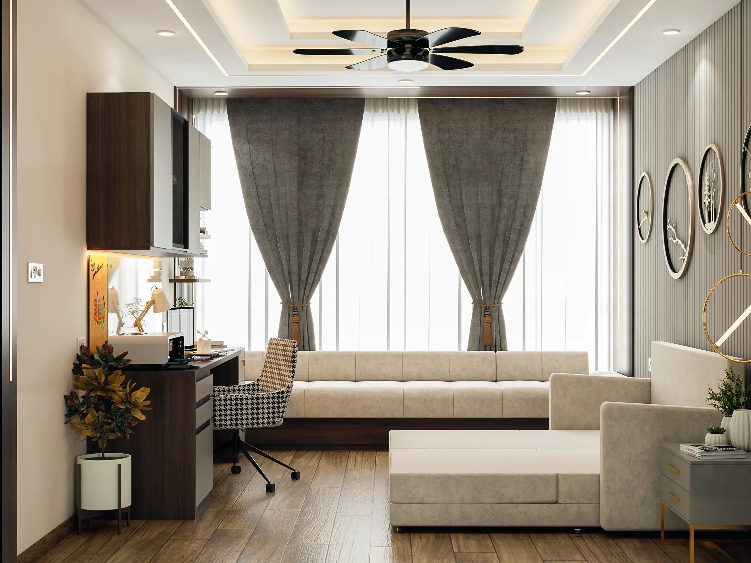 Modern multi-functional living room with home office designed by Best Interior Designer Davanagere.