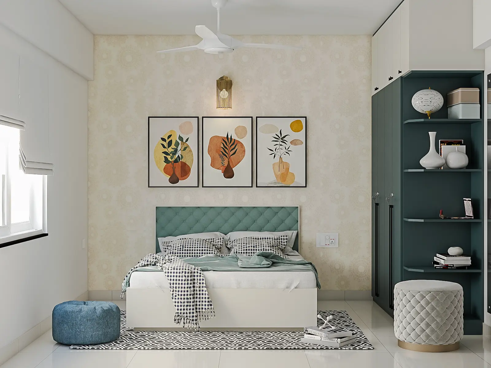 Modern luxury bedroom designed by Luxury Interior Designers in Bangalore with teal accents and custom wardrobe.