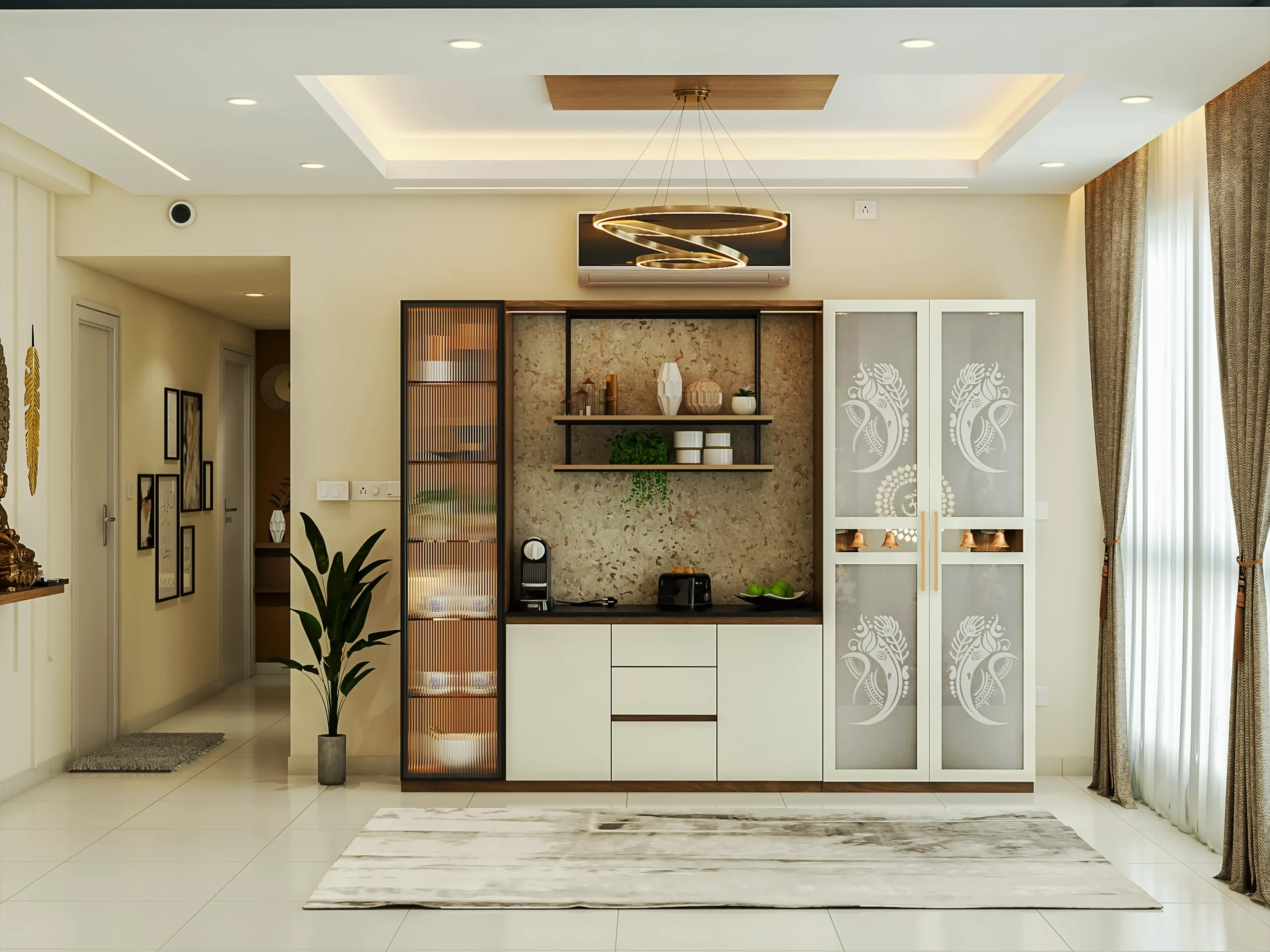 Best Interiors in Bangalore featuring modern living room design with elegant pooja unit