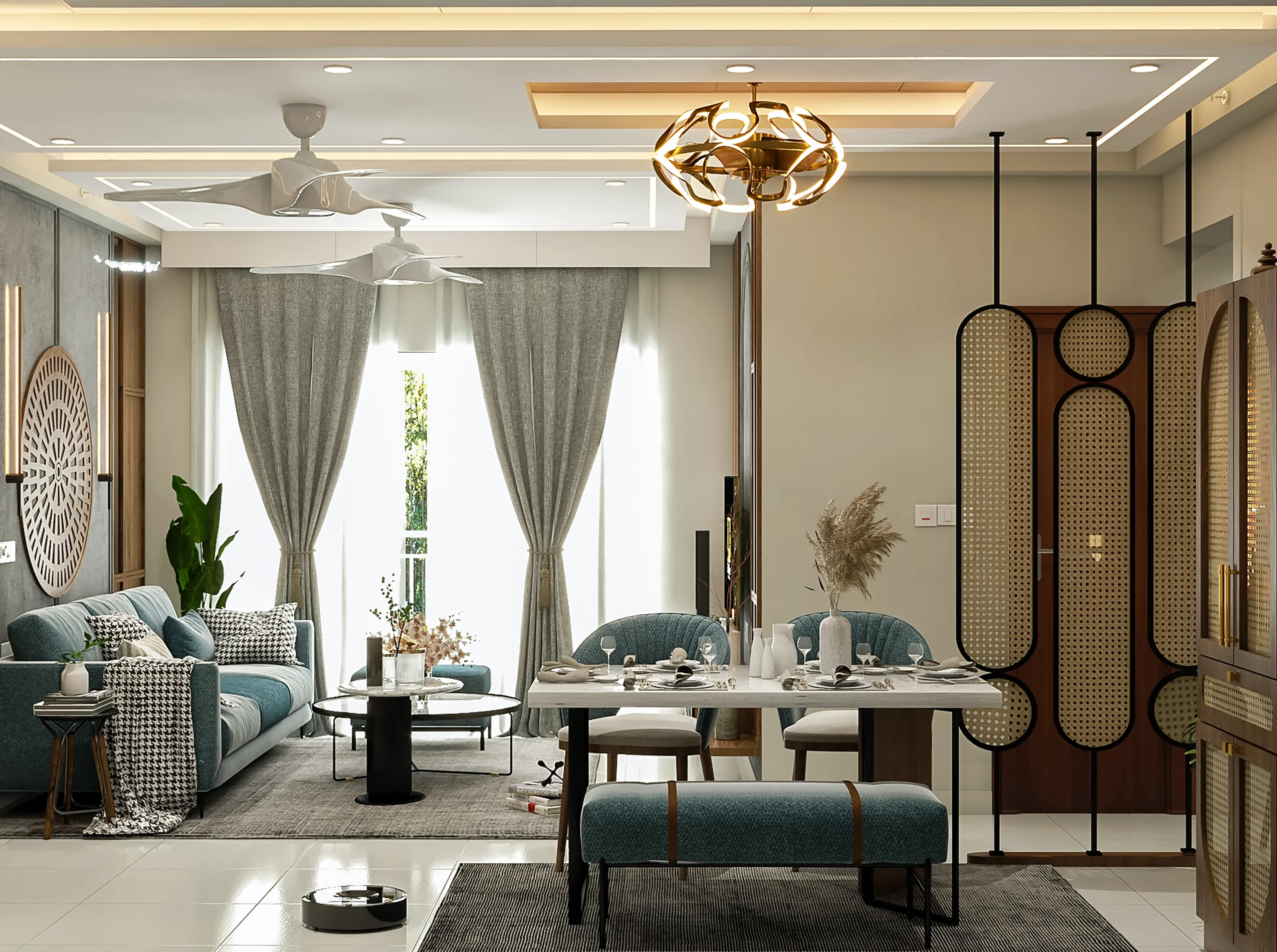 Modern open-plan living and dining space designed by home interior designers in Bangalore