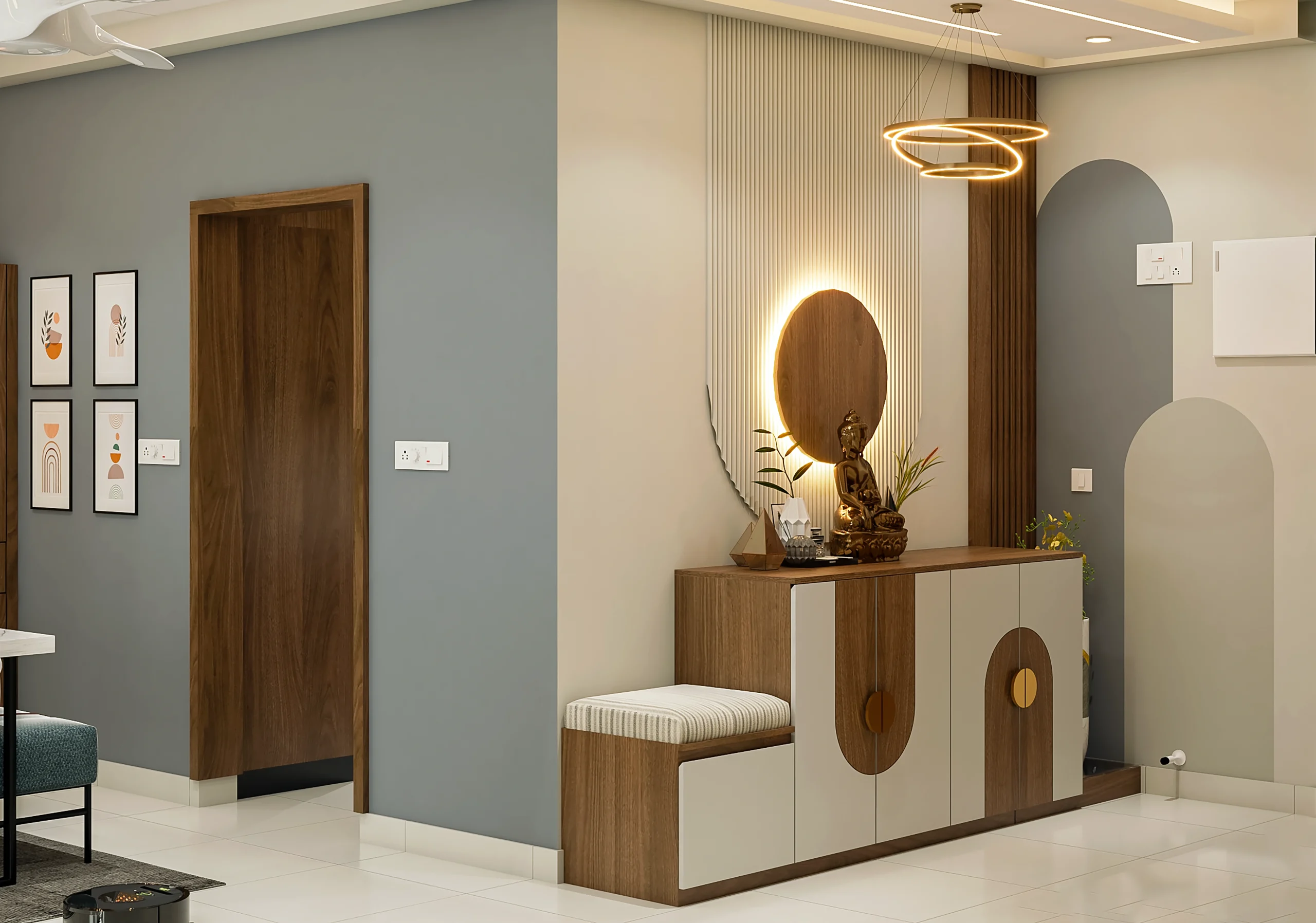 Modern foyer with console and pendant light in home interior design Bangalore by WeDezine Studio.