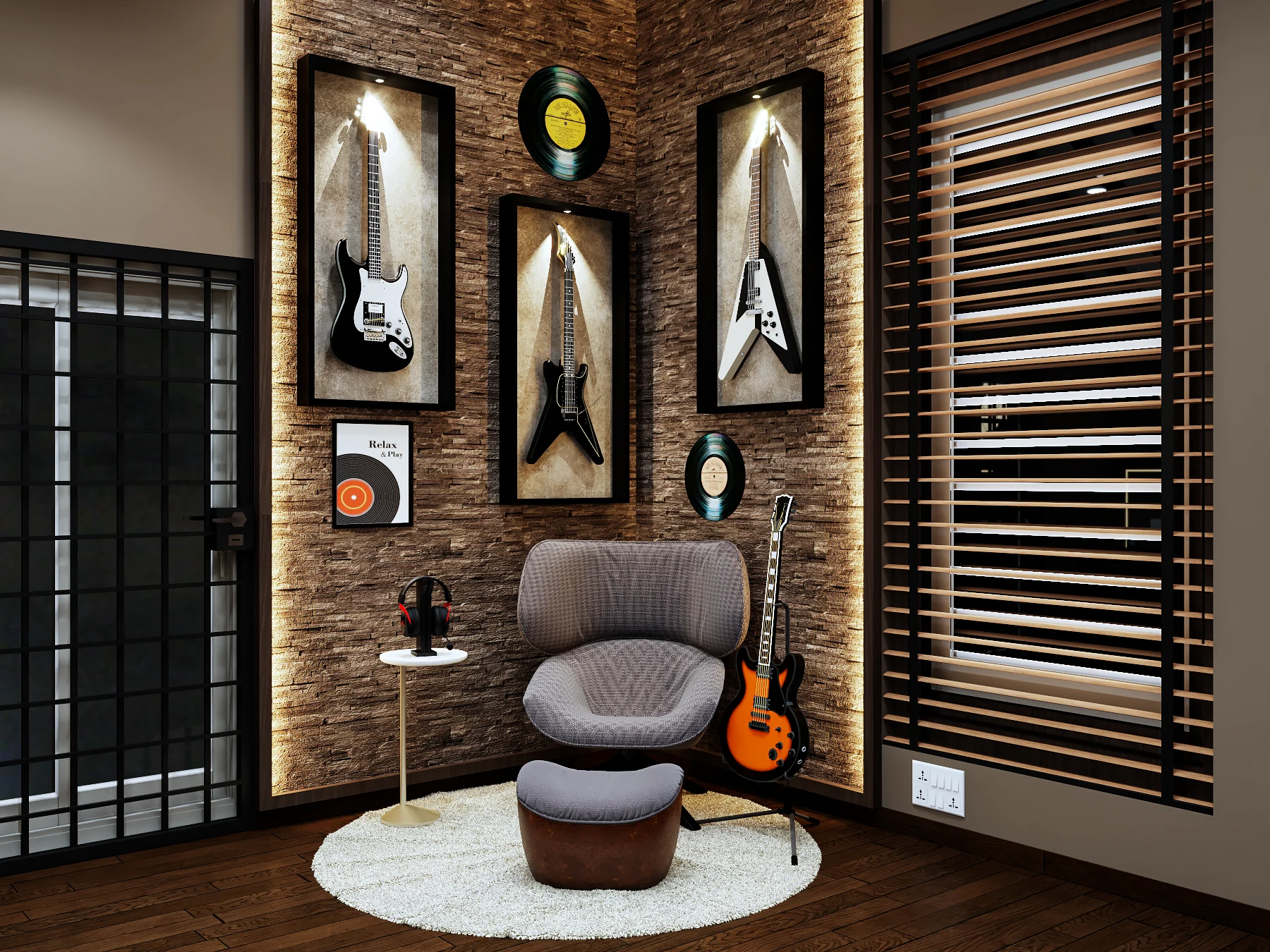 Modern home gym and music room designed by interior designers in Chikmagalur with brick walls and wooden flooring.