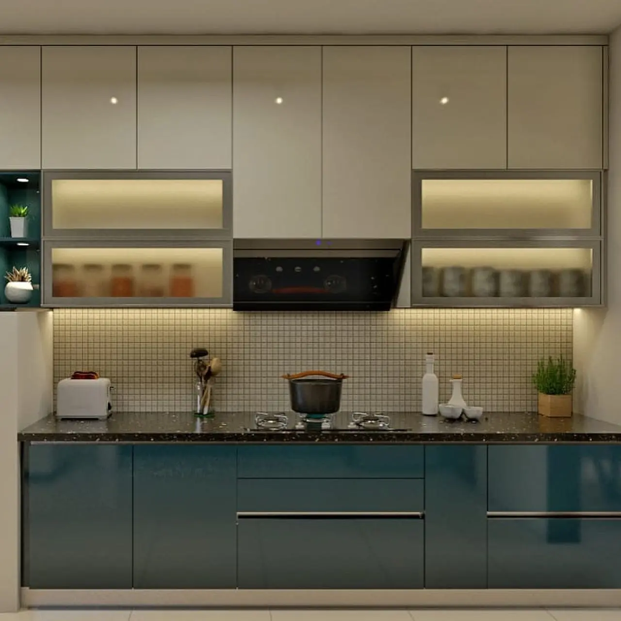 Modern glossy modular kitchen in Home Design Shivamoga Kitchens with sleek cabinets and warm lighting
