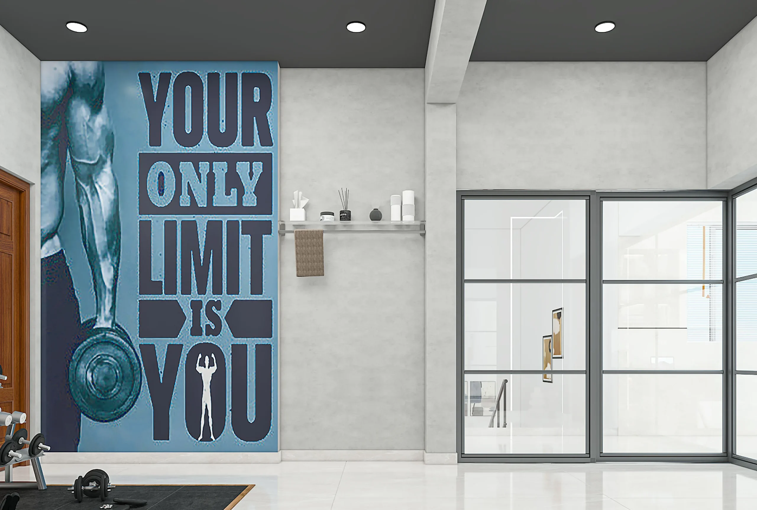Modern gym interior with motivational wall art and sleek equipment showcasing Modern Interior Design in Chitradurga.