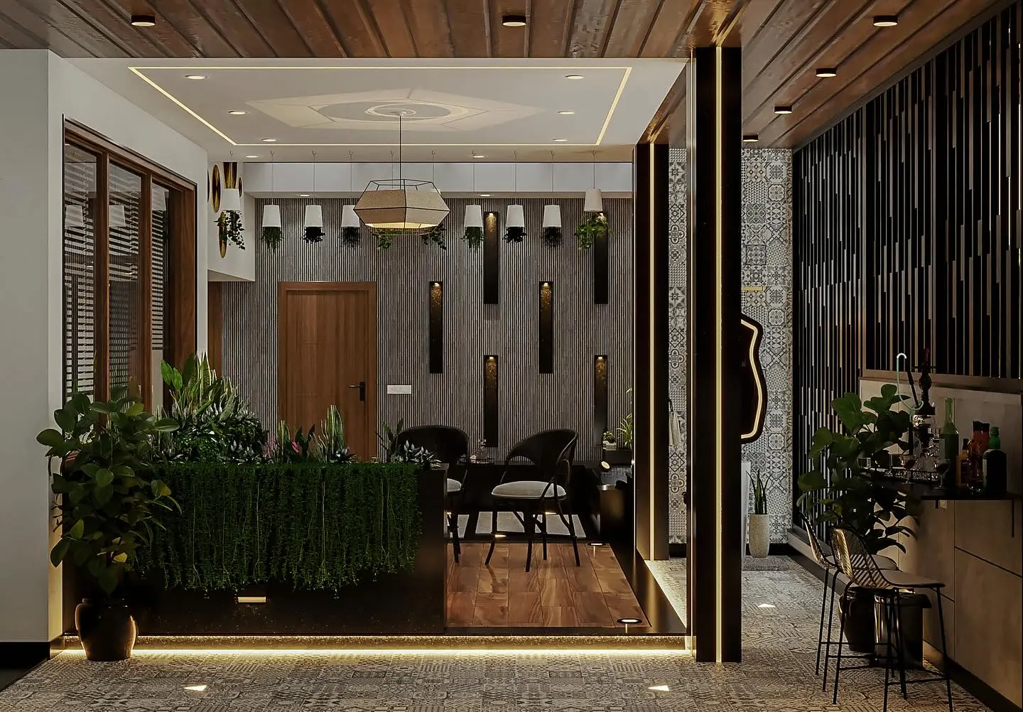 Luxury modern home interior with water feature and elegant lighting by best home interiors in Bangalore