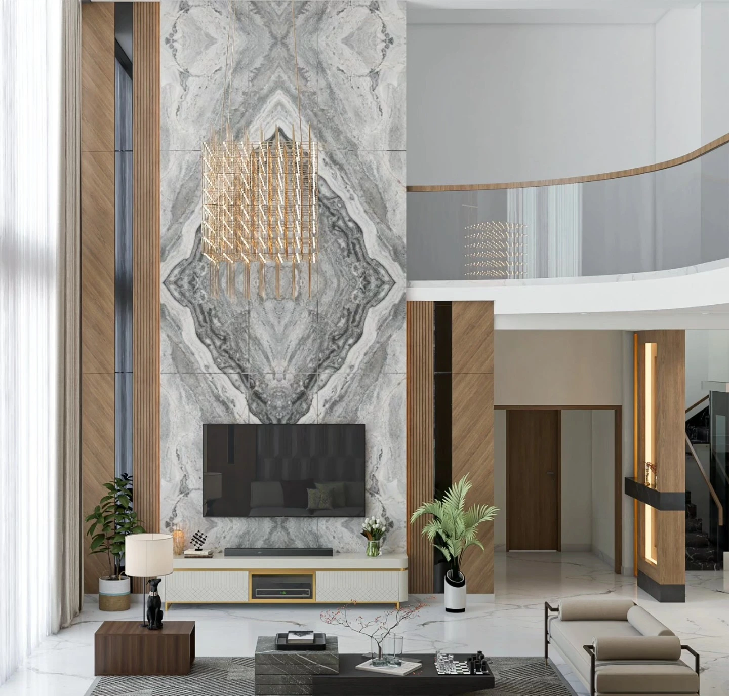 Luxury modern living room designed by apartment interior designers in Shivamoga with marble wall and elegant lighting