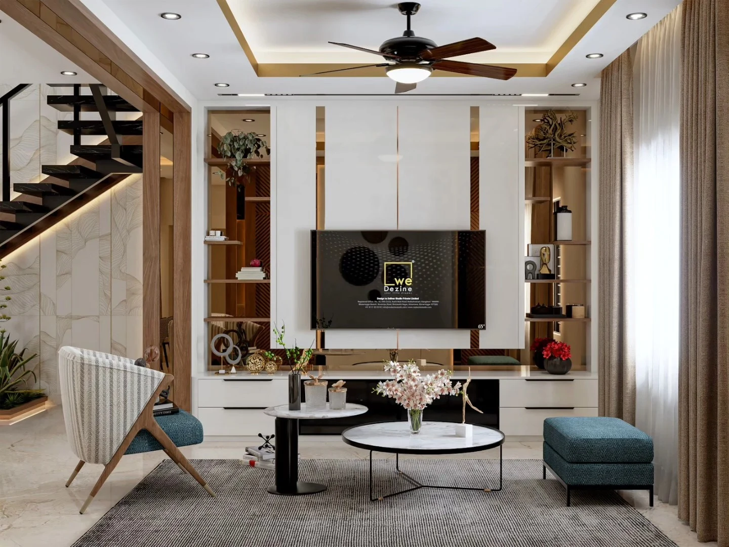 Modern geometric home interior design by WeDezine Studio in Shivamogga