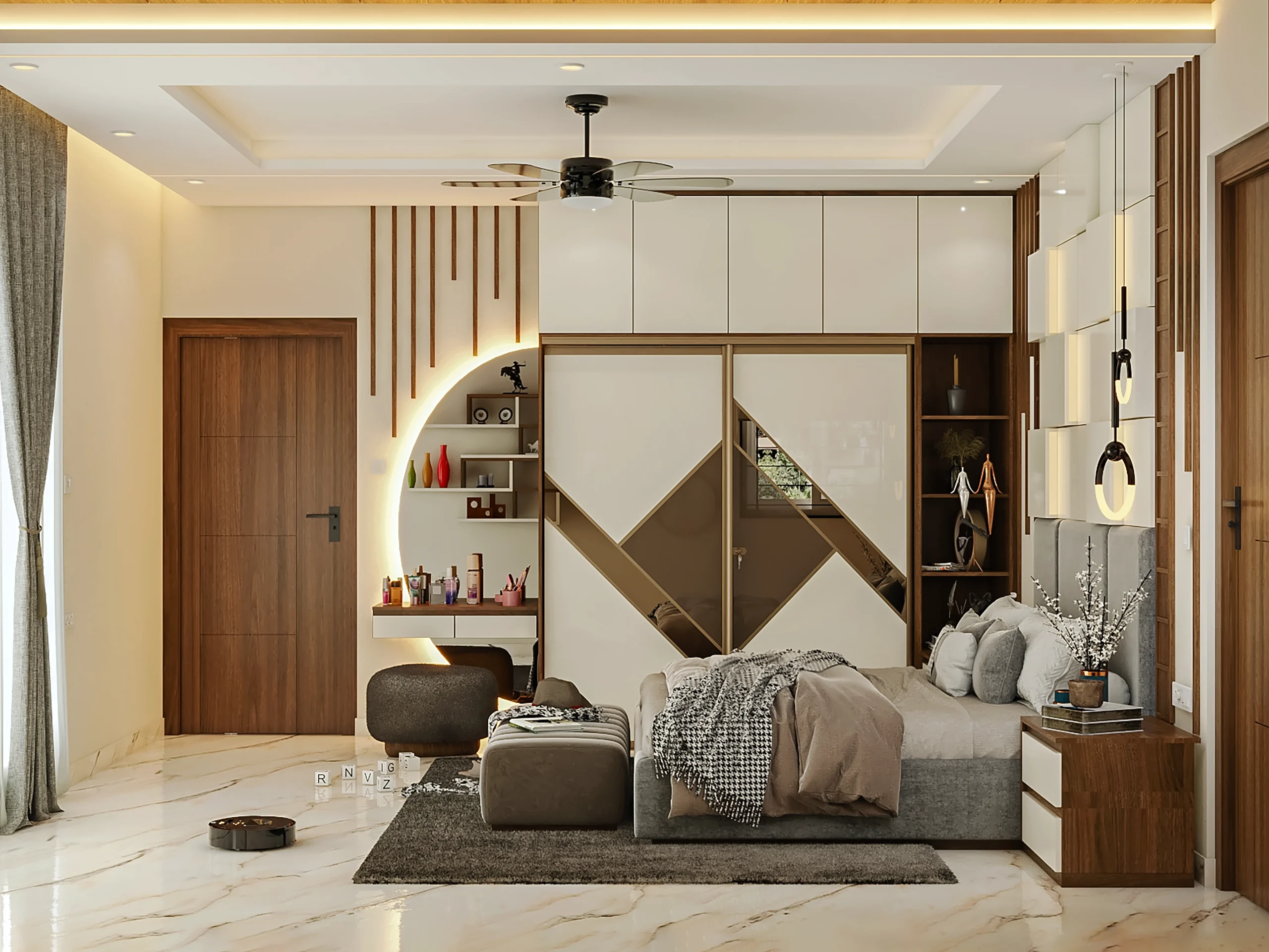 Modern bedroom with warm wood accents – home interior design Bangalore