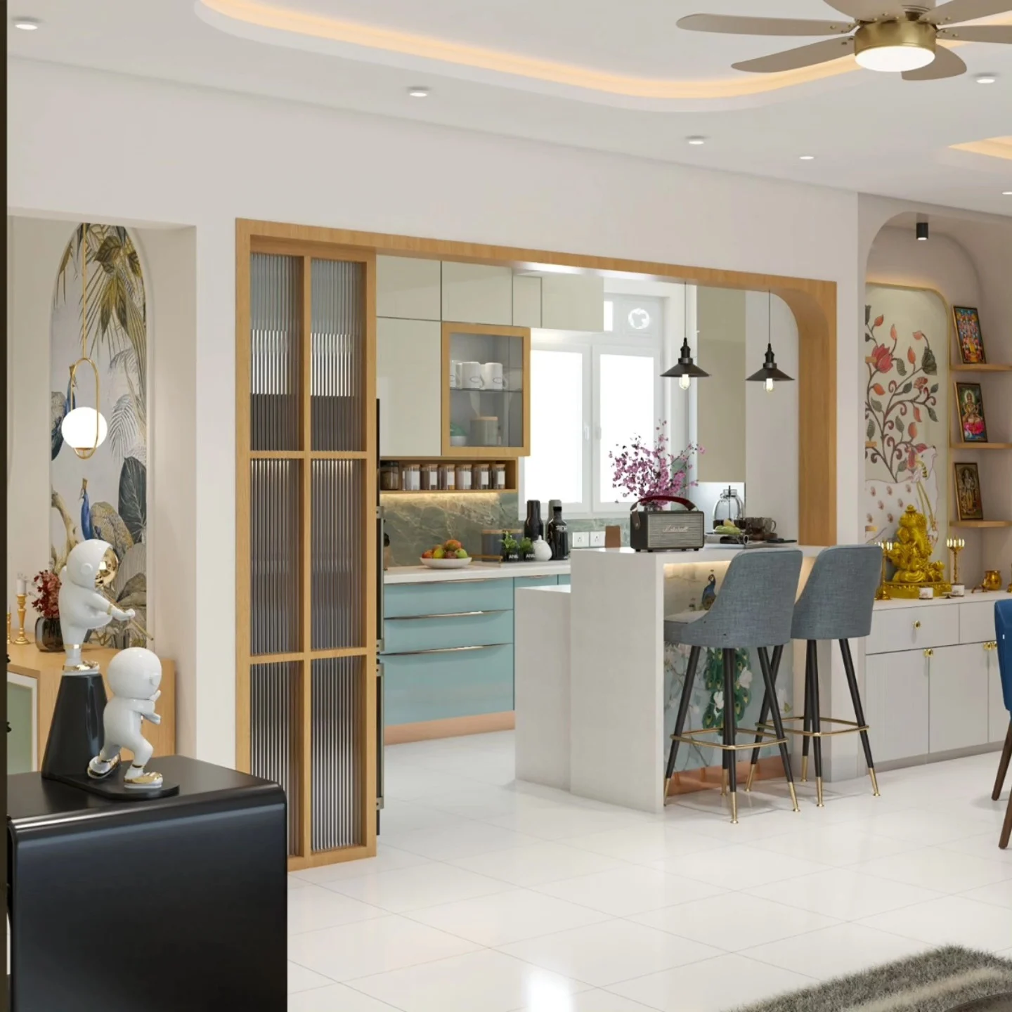 Modern open kitchen with glass partition, wooden accents, and breakfast counter by Home Interior Designers in Bangalore