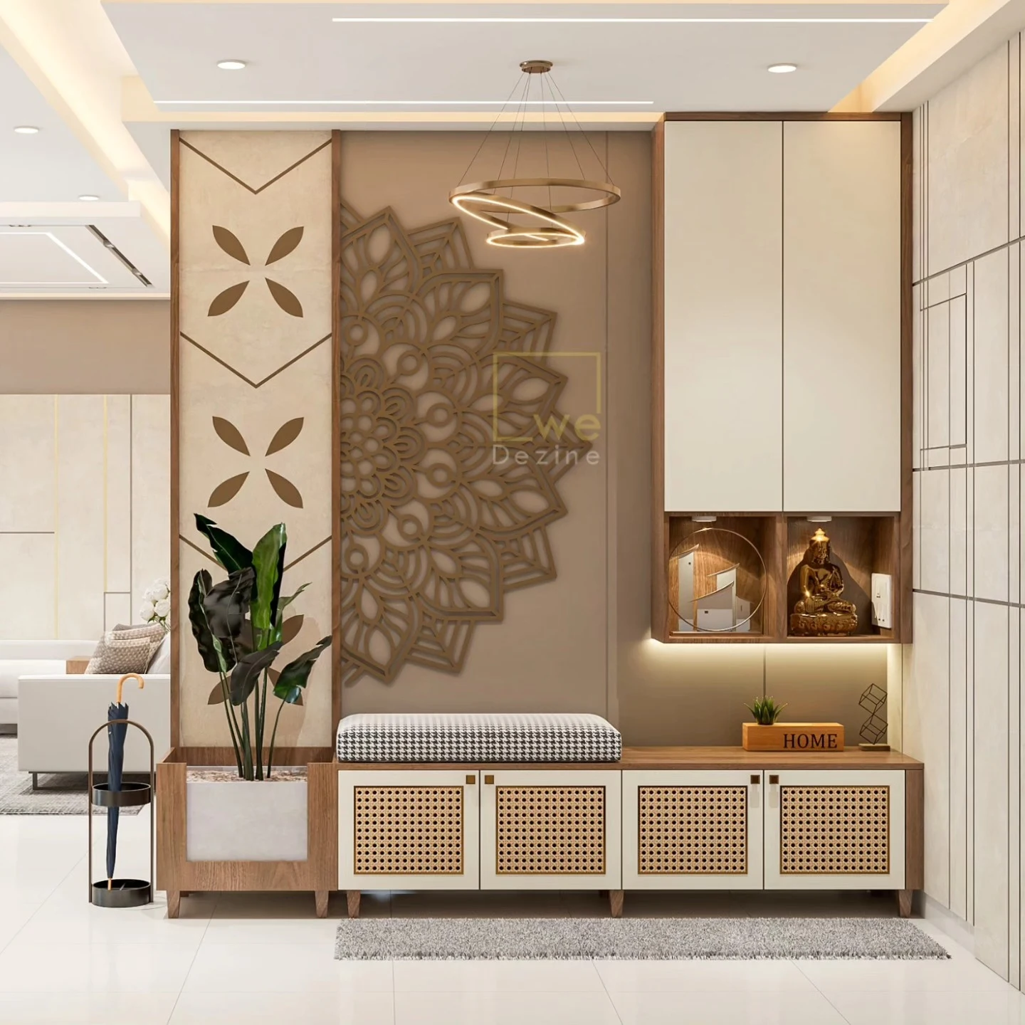 Modern foyer design with seating and warm lighting by best interiors in Bangalore