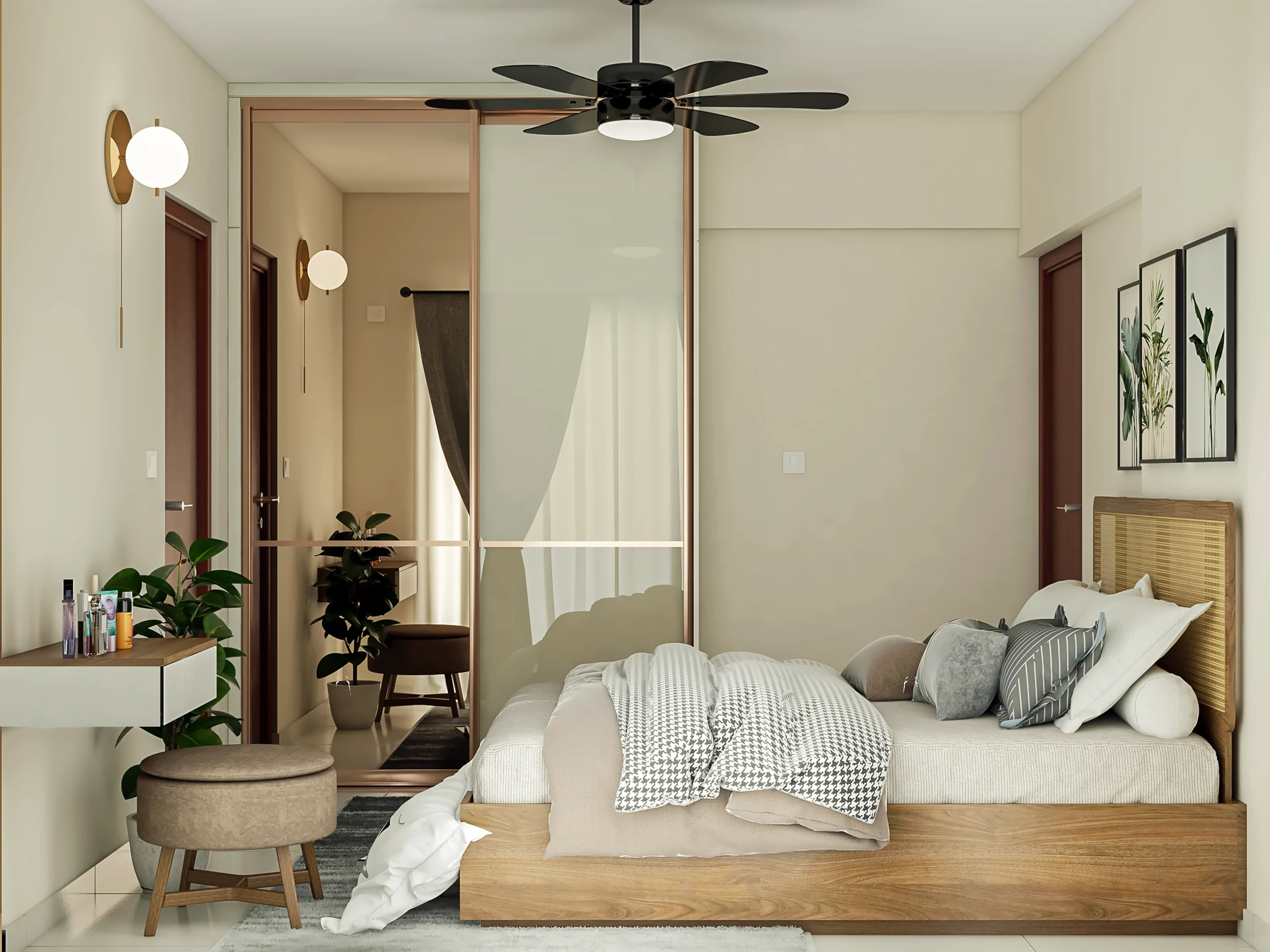 Modern minimalist bedroom with sliding wardrobe and cozy wooden interiors in Shivamoga