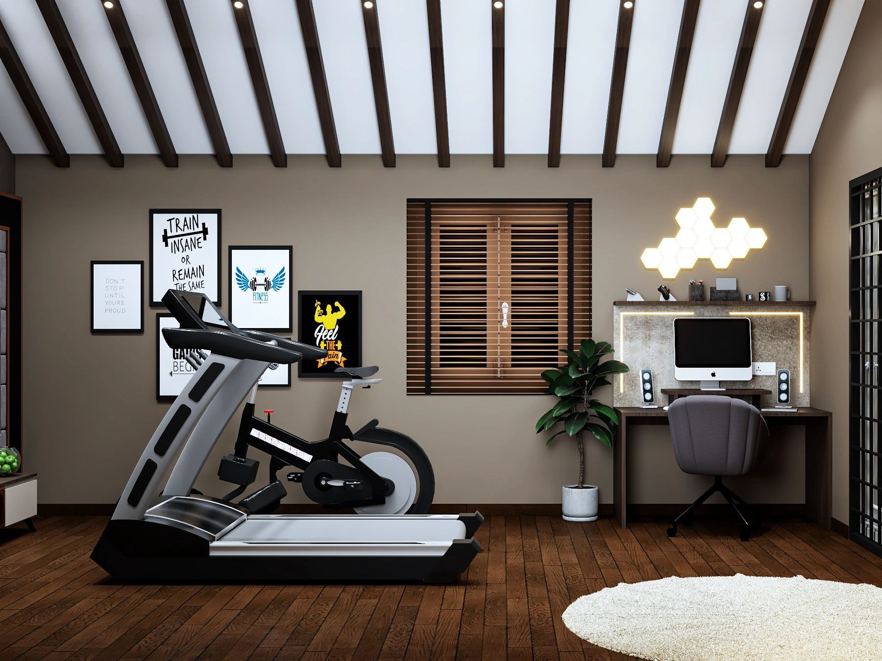 Modern wellness-focused home office and gym interior in Shivamoga