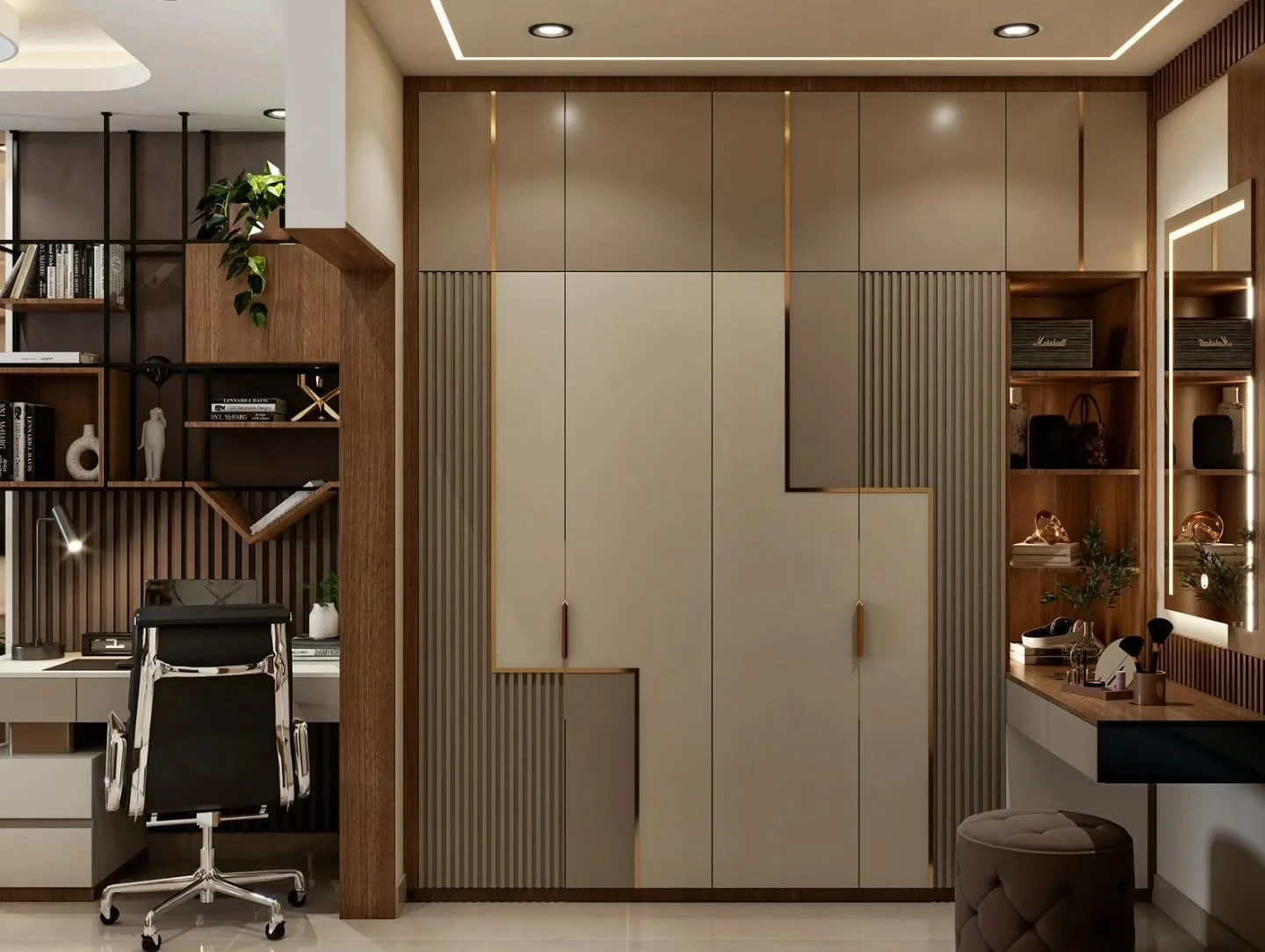 Luxury bedroom with custom wardrobe and vanity by WeDezine Studio in Shivamoga.