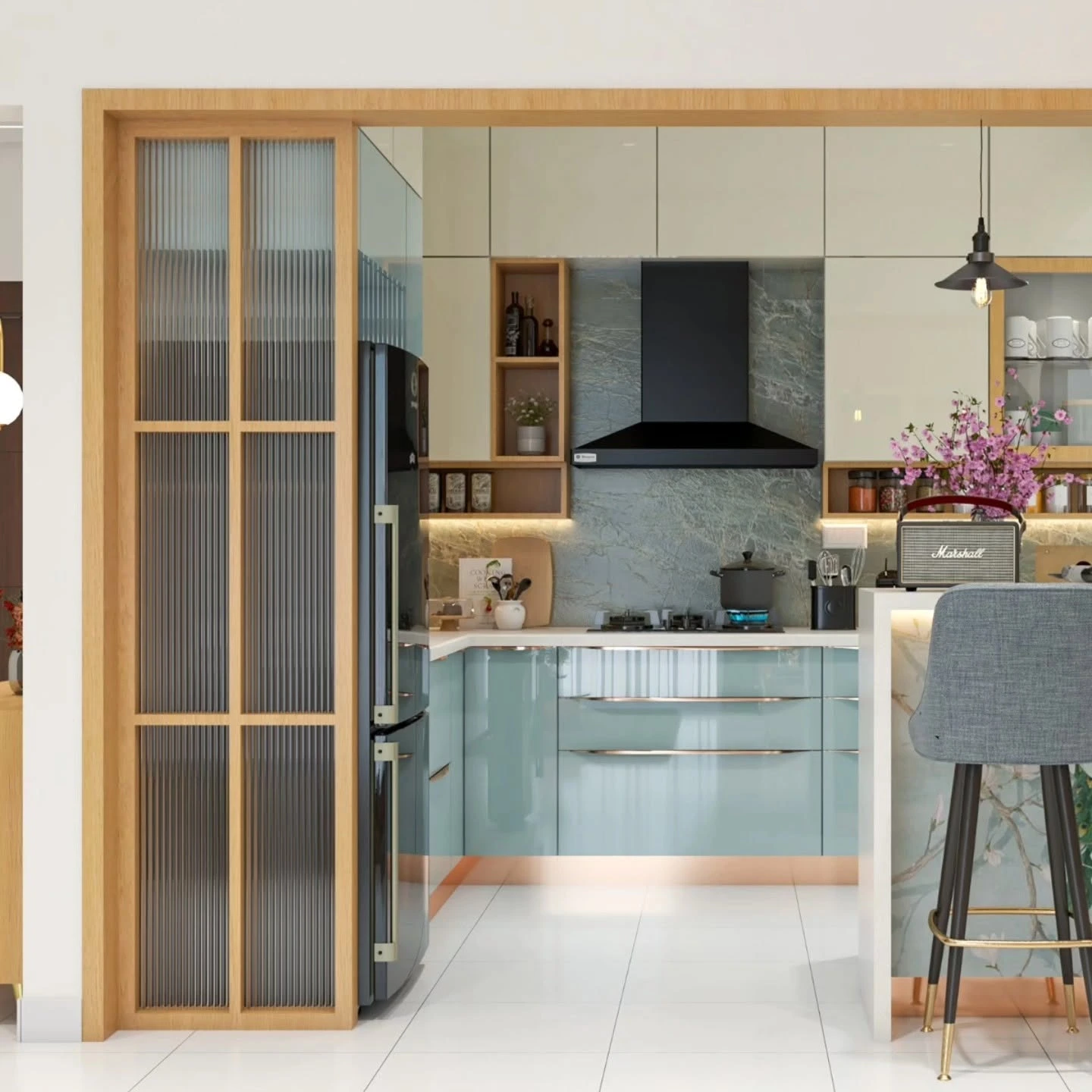 Modern Scandinavian kitchen interior design by WeDezine Studio in Bangalore.
