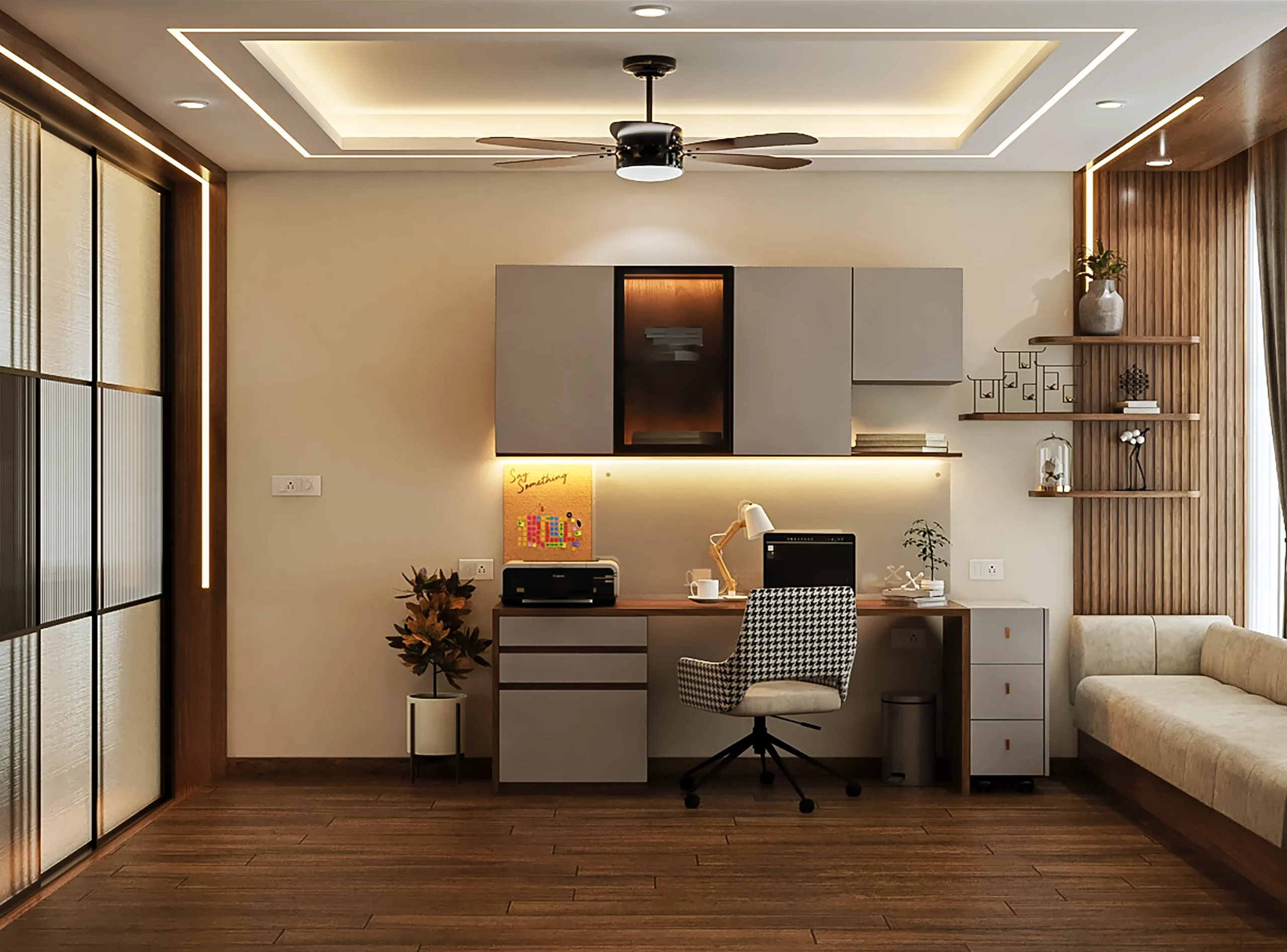 Modern bedroom with integrated workstation, custom wardrobe, and luxury interior design in Bangalore.