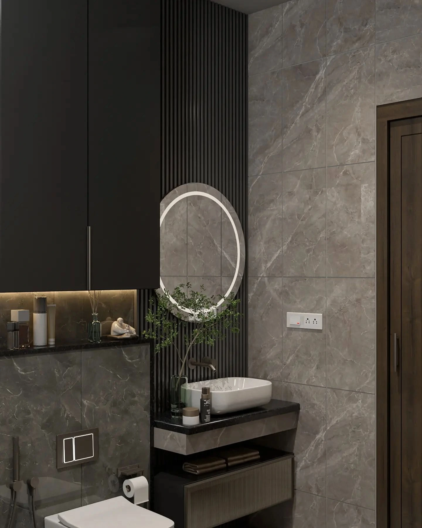 Luxury modern vanity with marble wall and backlit mirror