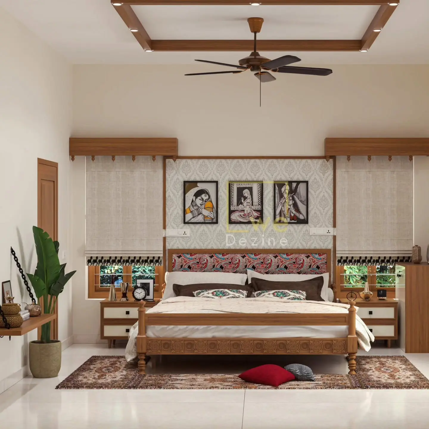 Luxury living room with warm wood and traditional art