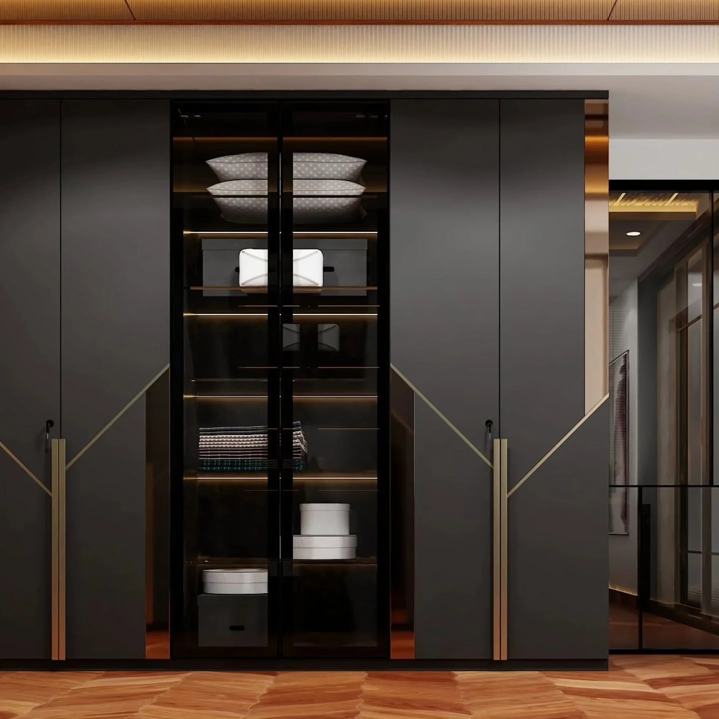 Luxury wardrobe interior with glass, wood and warm lighting.