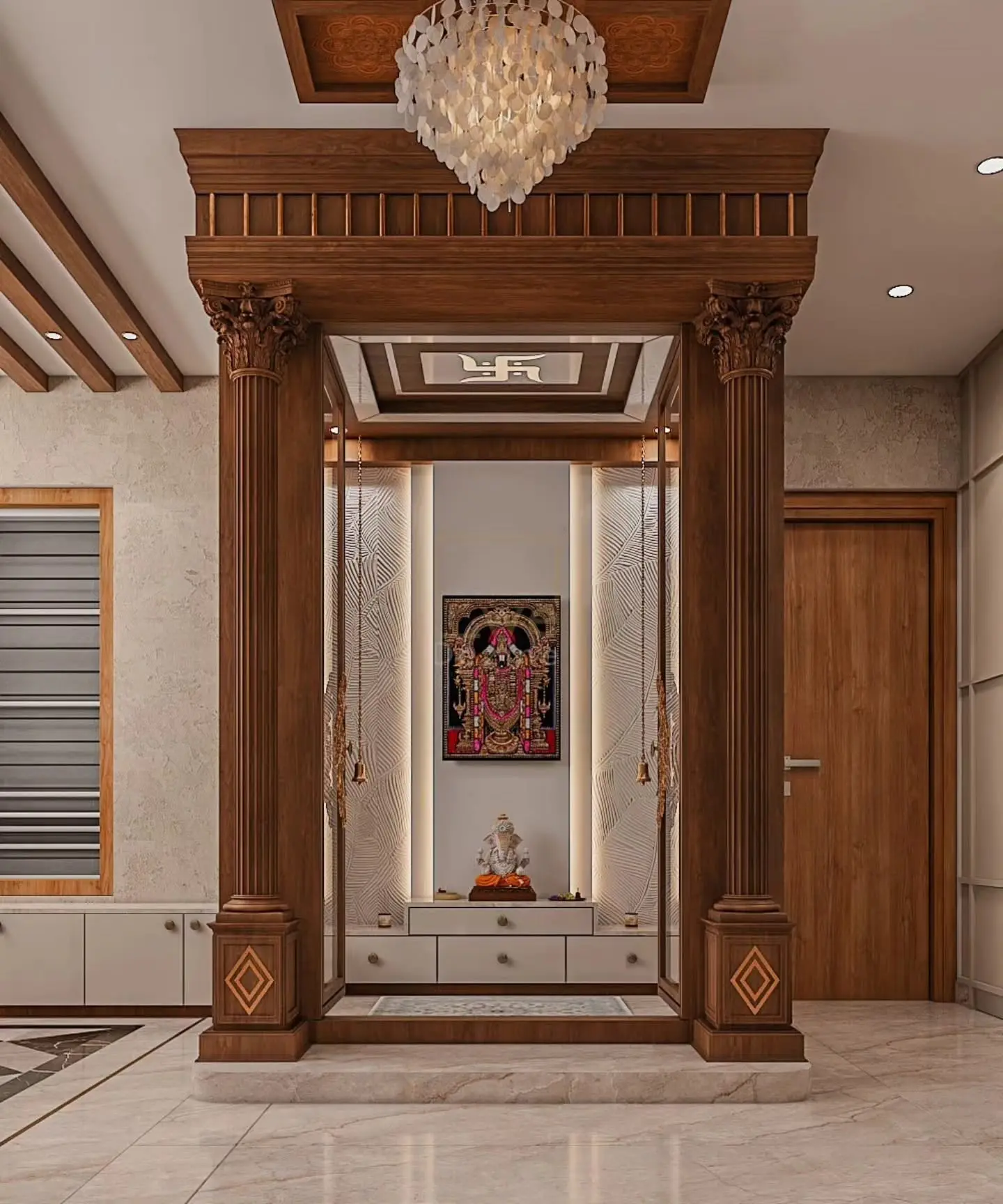 Grand wooden pooja space with intricate carved pillars