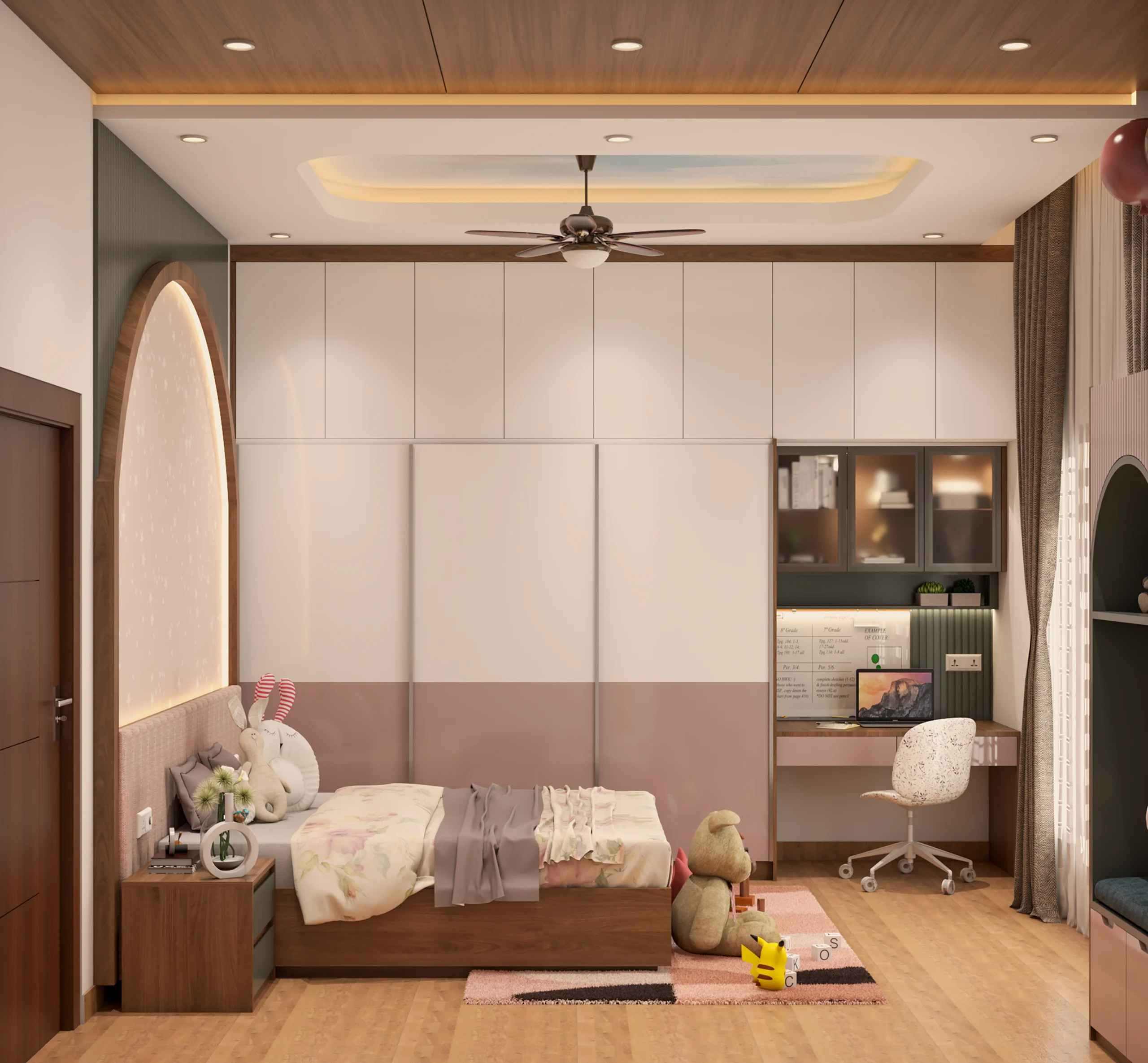 Cozy kids’ bedroom with custom storage and study area