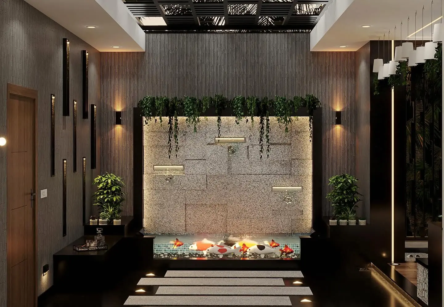 Luxury interior with water feature, textured walls, lighting and greenery
