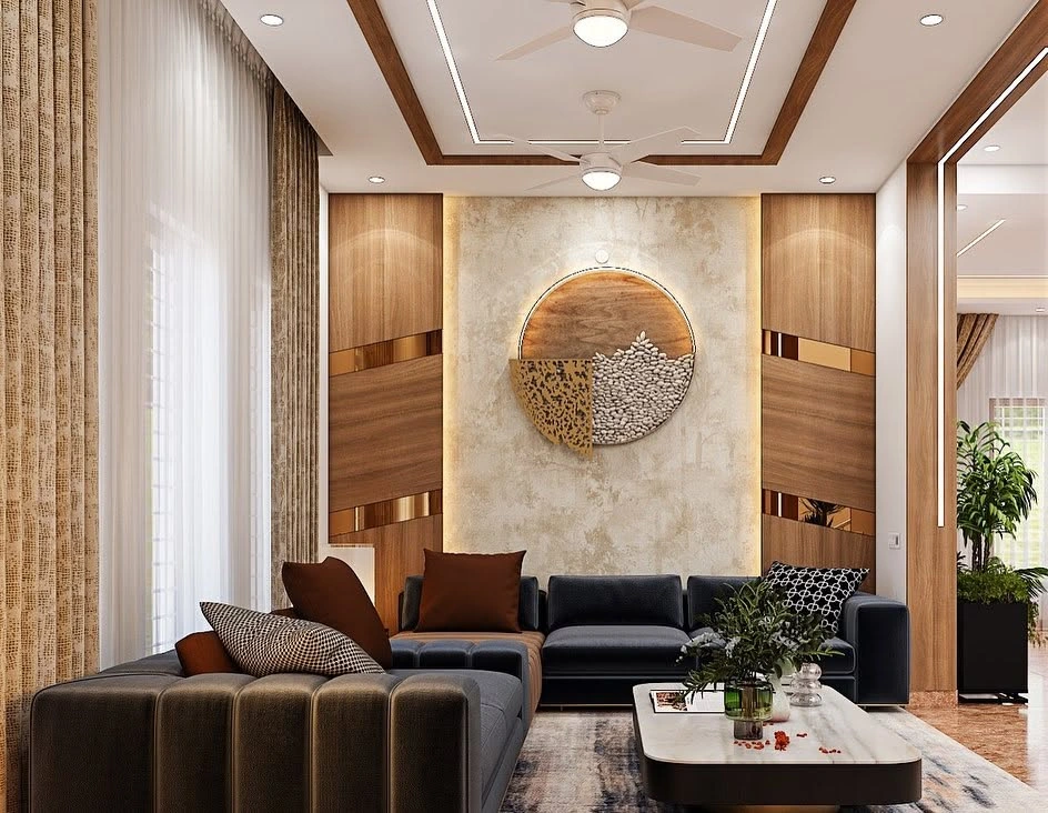 Elegant living room with neutral tones, statement artwork and layered lighting