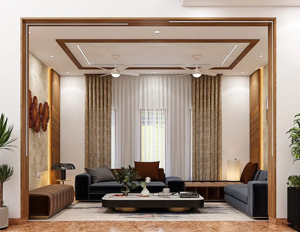 Modern living room with warm wood and textured walls