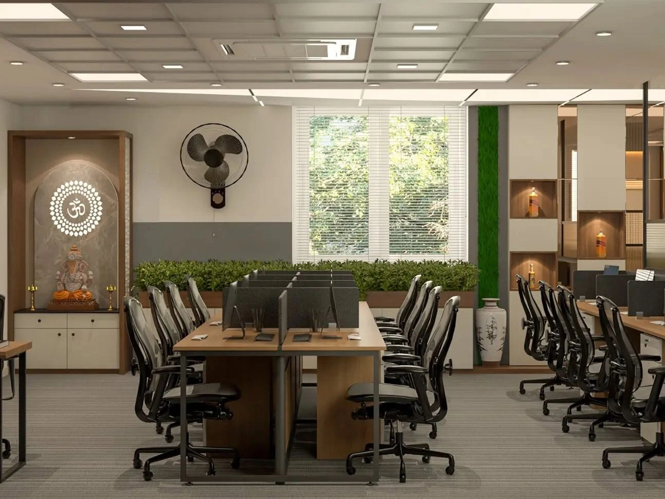 Luxury modern office interior with greenery and glass partitions