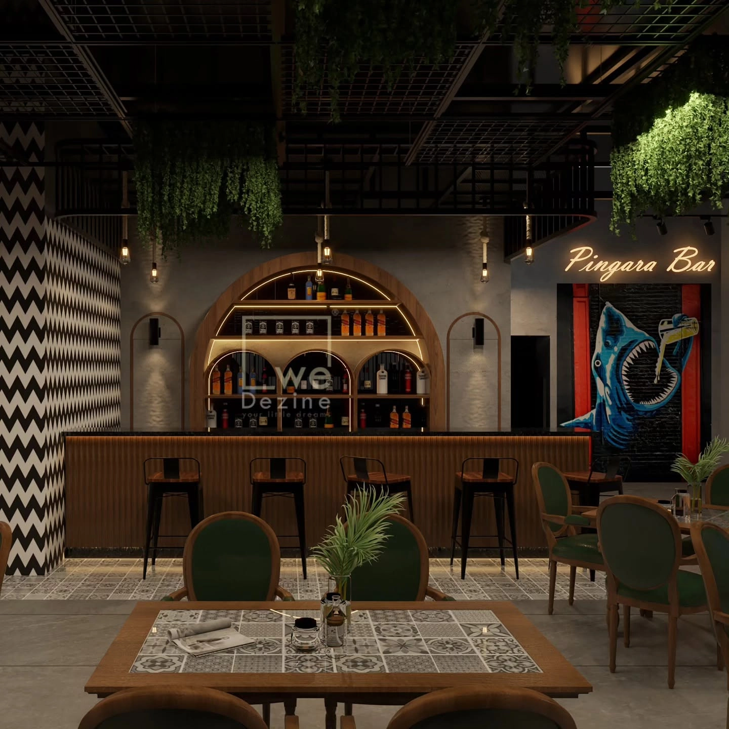 Luxury restaurant interior with warm wood, green seating, and rattan lights