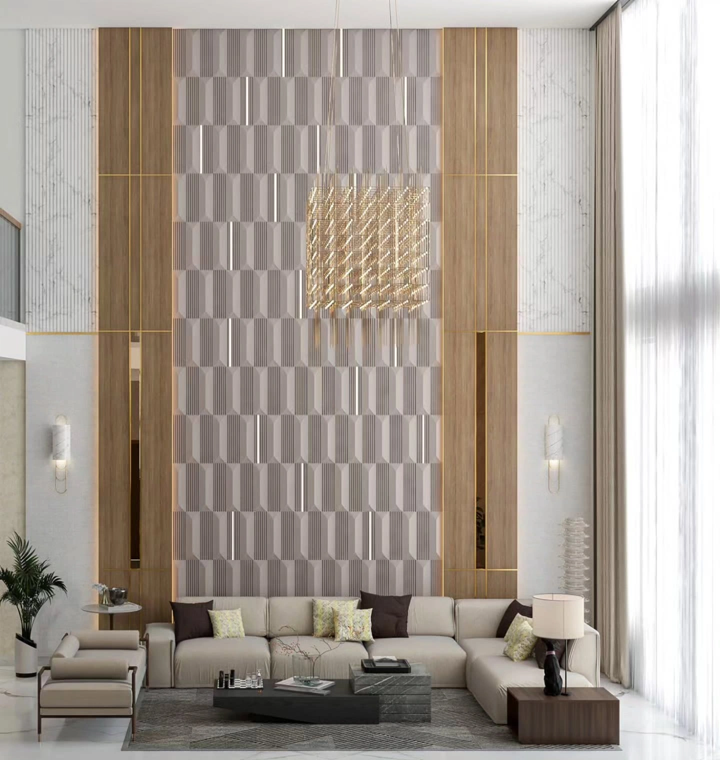 Modern luxury living room with textured feature wall