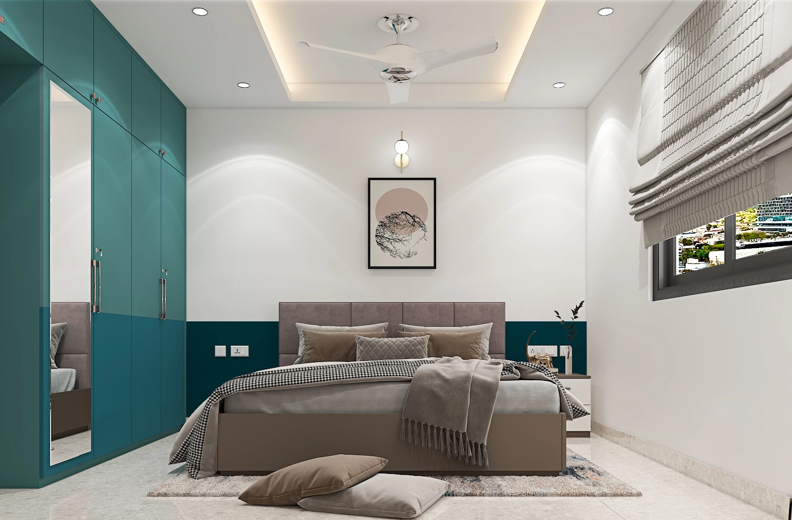 Modern teal and neutral bedroom interior by WeDezine Studio