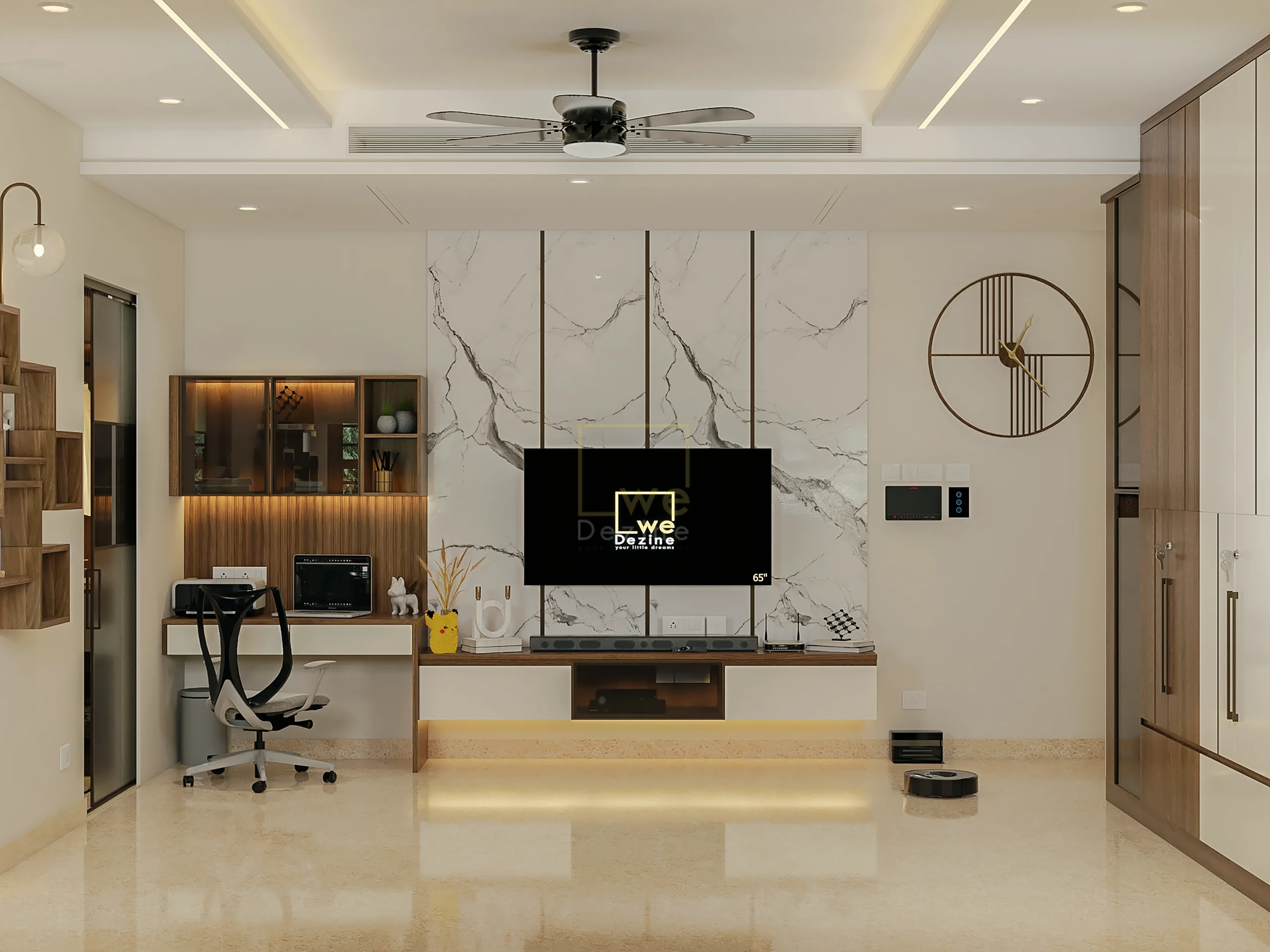 Modern wood and marble home interior in Bangalore