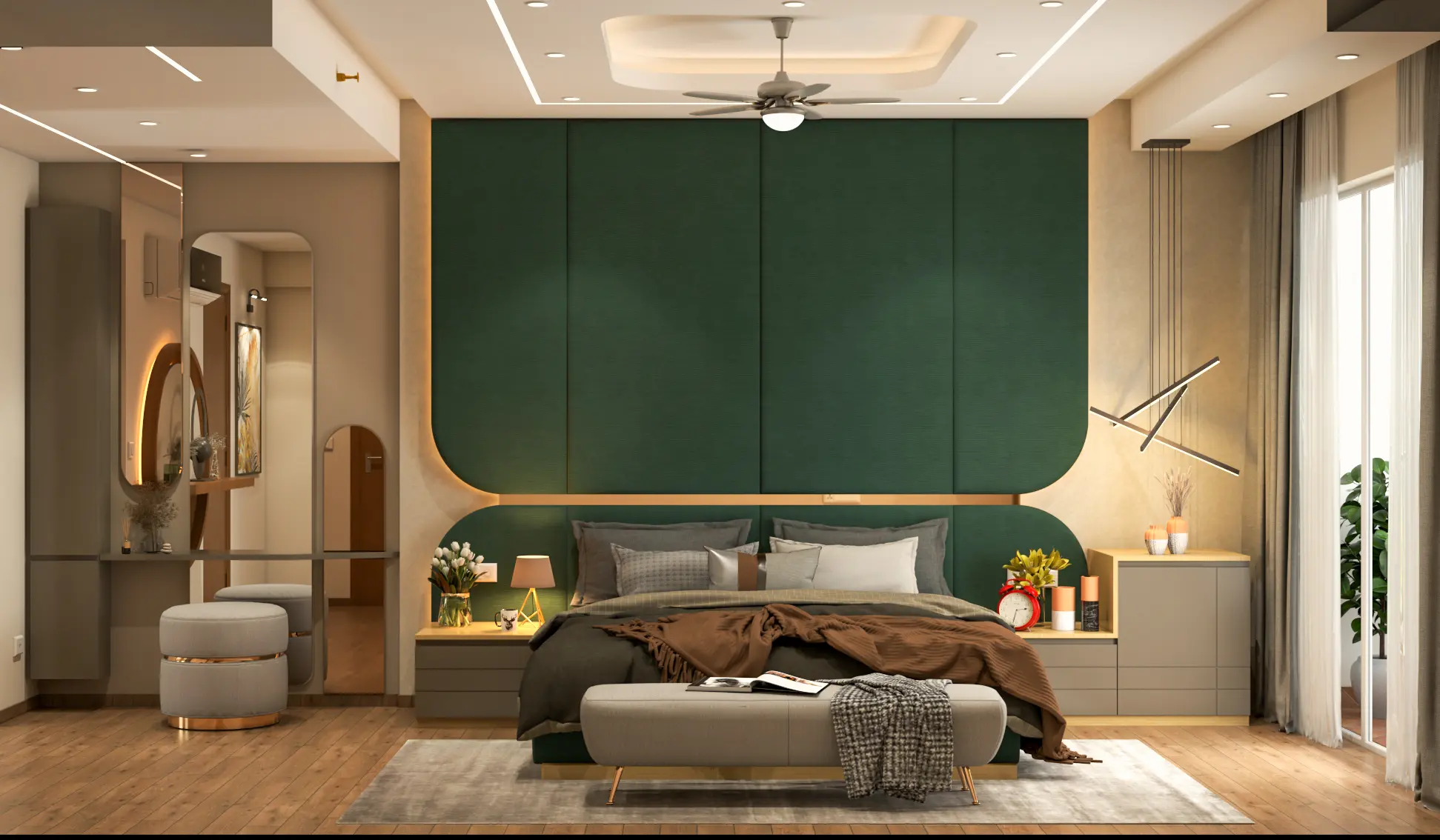 Modern green luxury bedroom designed by Home Interior Desingers in Bangalore.