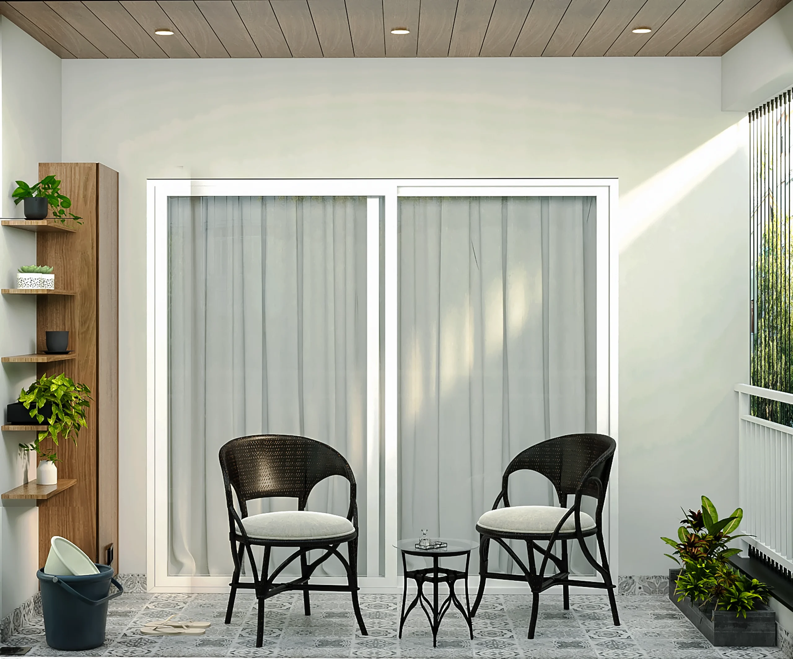Serene balcony interior with natural wood and greenery