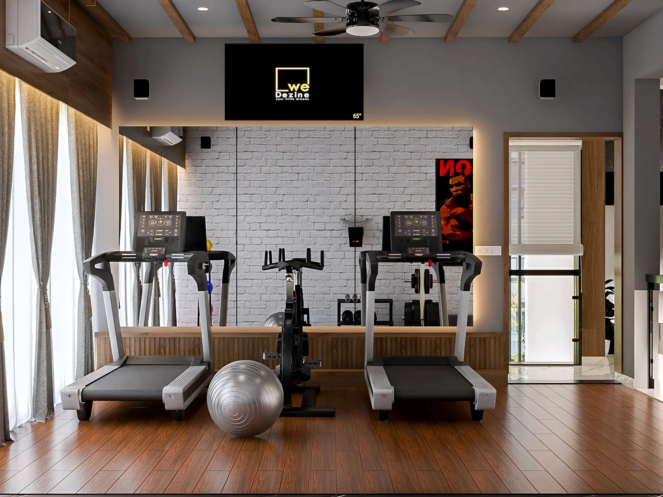 Luxury home gym with wood interiors and modern equipment