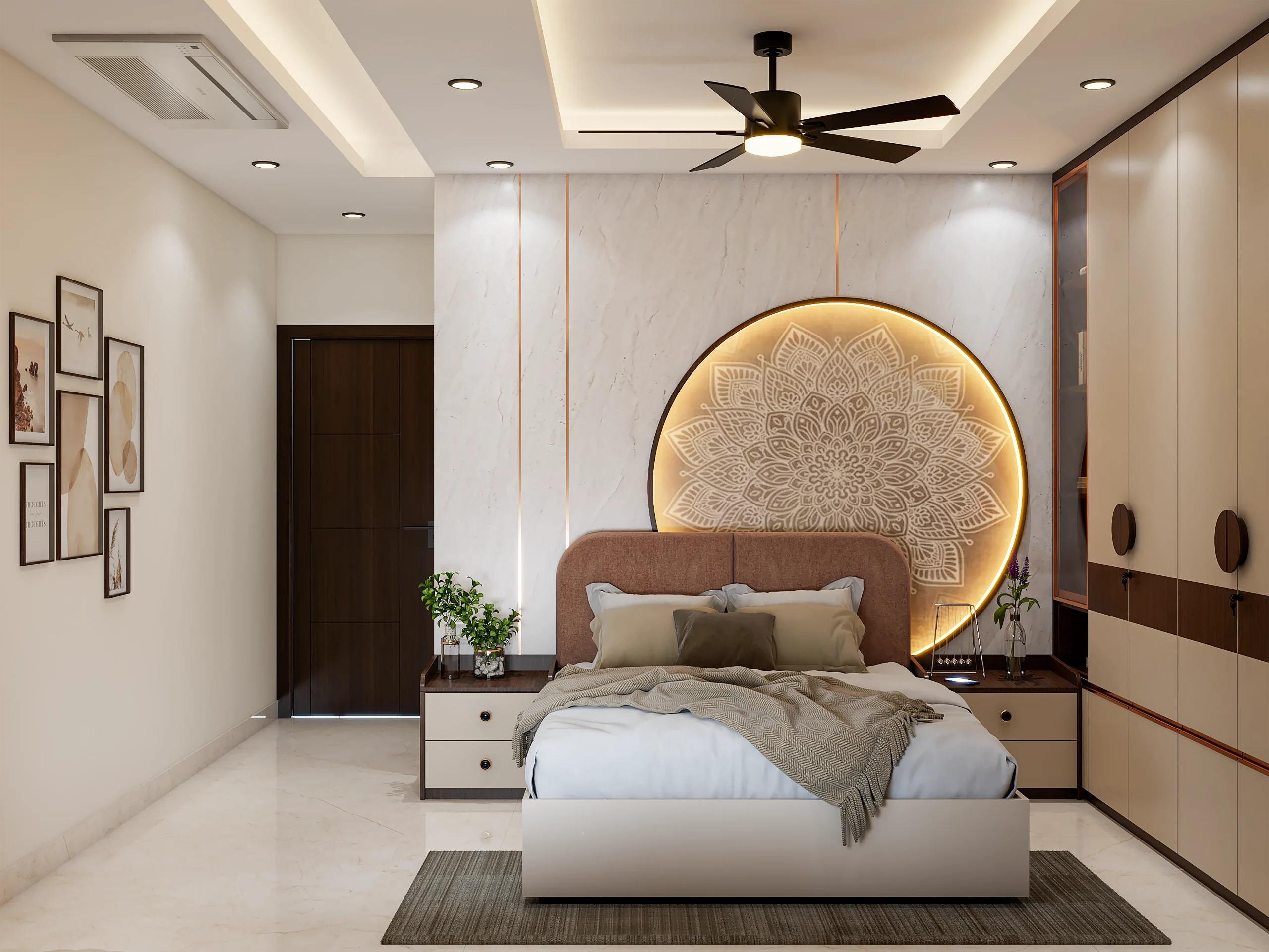 Modern luxury bedroom with custom wardrobe and ambient lighting.
