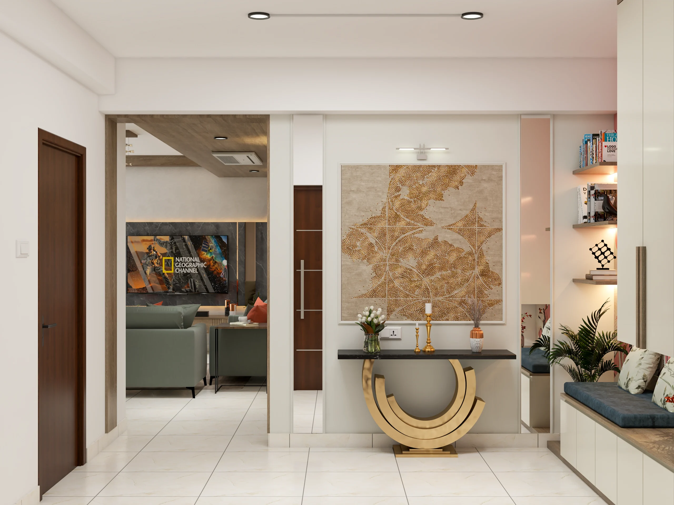 Elegant modern foyer design with stylish console and decorative wall panels in Shimoga.