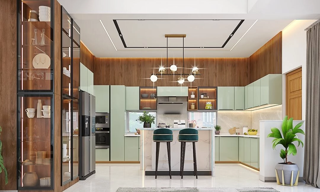Modern sage green kitchen with wooden accents and elegant marble countertops.