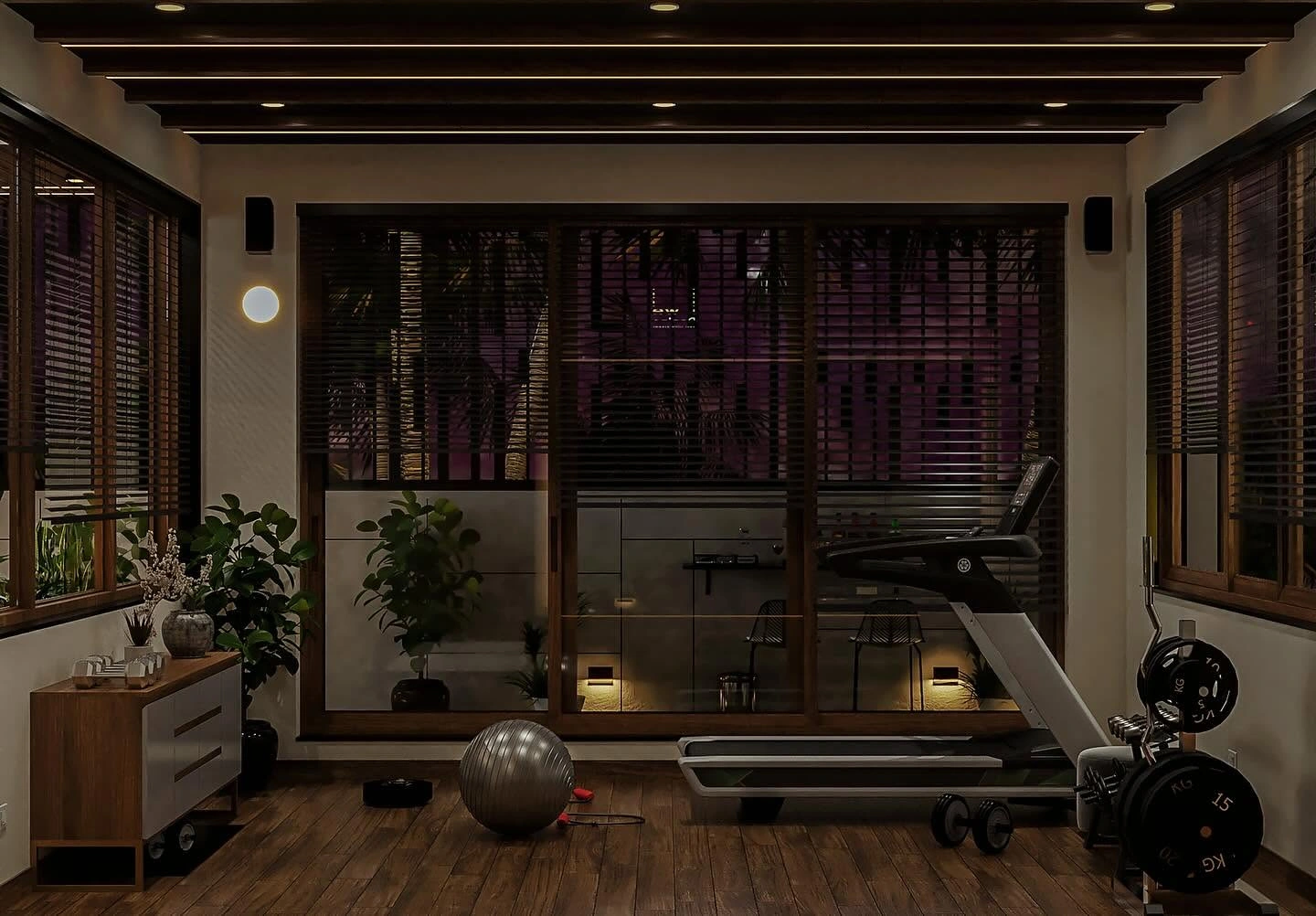 Luxury home gym with natural wood accents by Interior Designers in Shimoga.