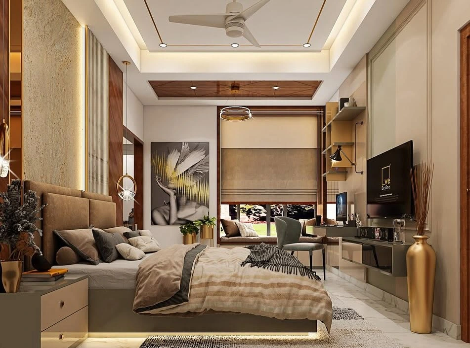 Luxury modern bedroom interior with elegant wooden panels.