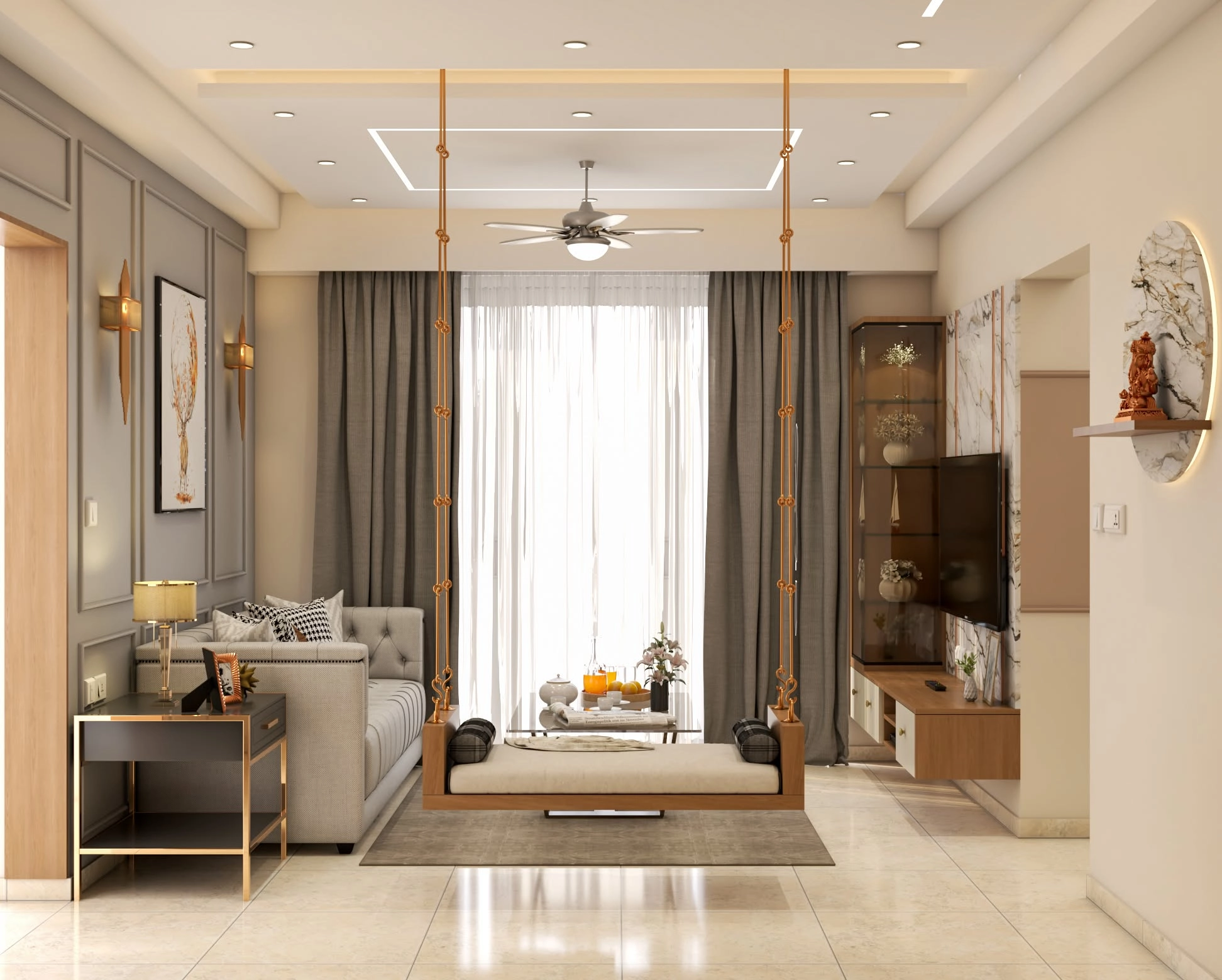 Luxury living room with marble feature wall and elegant seating